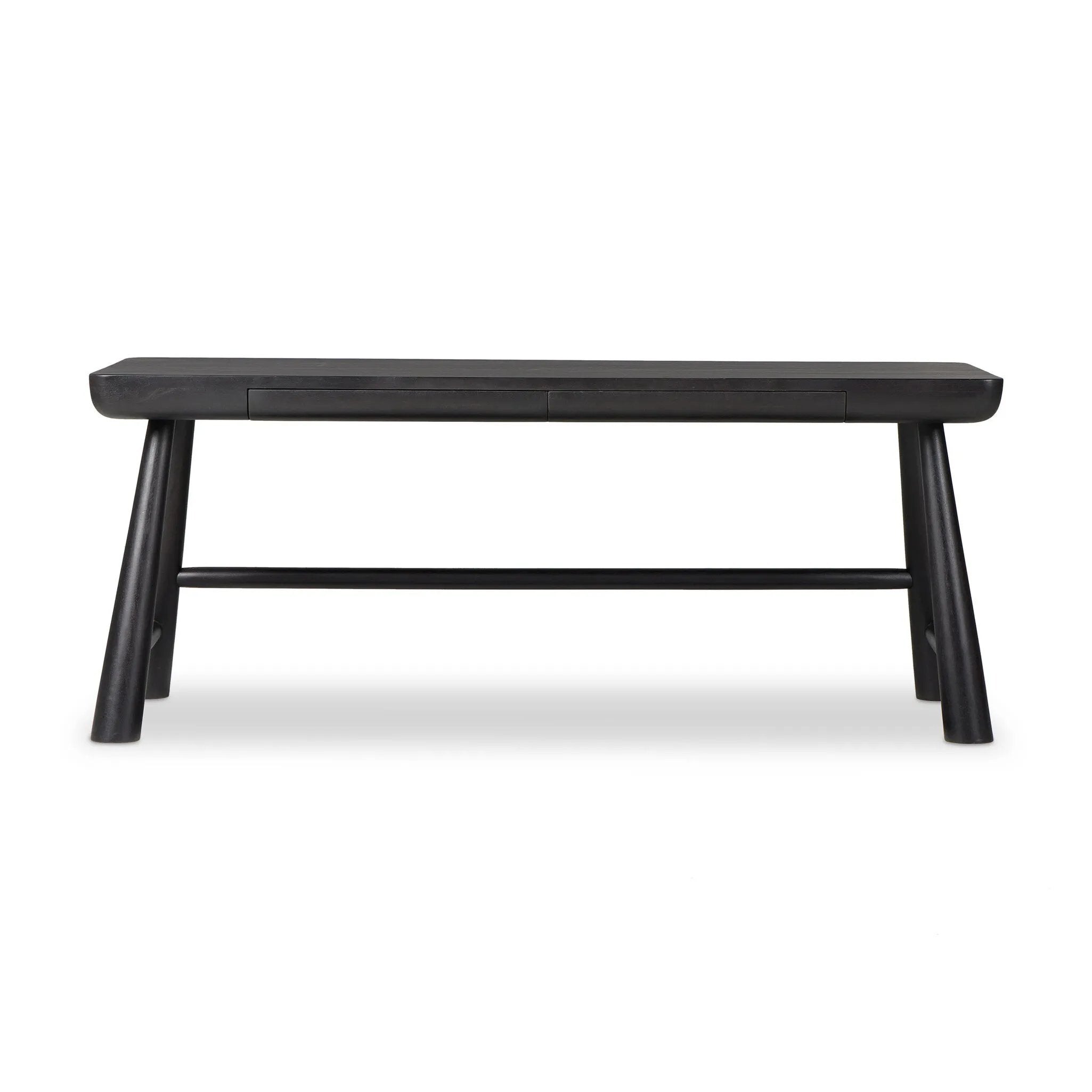 Wabi Sabi-inspired and designed with a clean, bold shape. This rustic desk features a modernized shape crafted from worn acacia wood. Designed with cylindrical legs that are both angled and tapered for added movement. Built-in, hidden pencil drawers keep the focus on the natural graining and grooves of the wood used to craft this piece. Amethyst Home provides interior design, new home construction design consulting, vintage area rugs, and lighting in the Charlotte metro area.