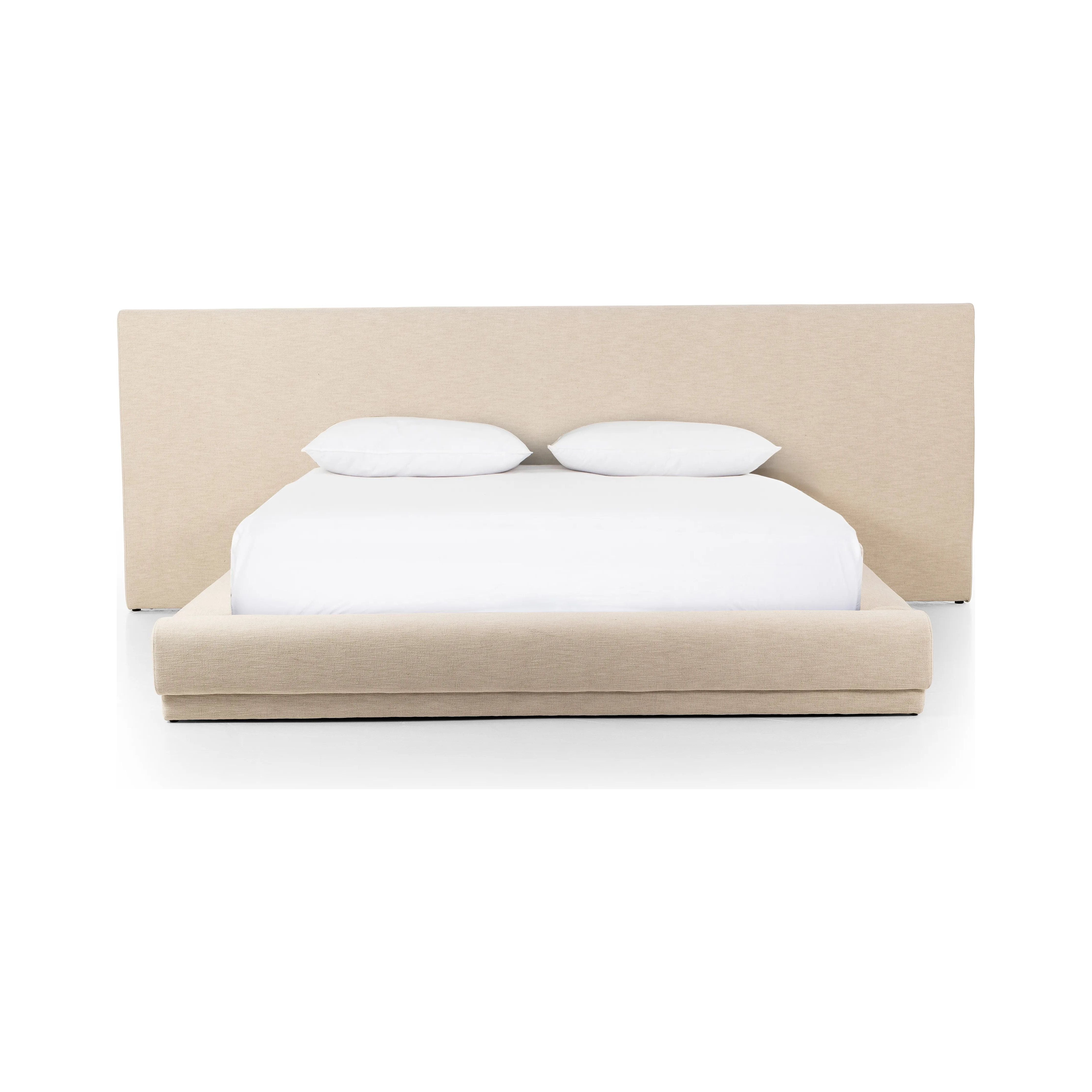 Low profile luxury with an extra-wide fully upholstered headboard that brings drama to the bedroom. Modern Italian styling is both substantial and plush with clean lines all around. Fully upholstered in a textural cotton/linen blend with extra cushioning on the footboard and side rails. This bed is not compatible with an adjustable mattress. Amethyst Home provides interior design, new home construction design consulting, vintage area rugs, and lighting in the Winter Garden metro area.