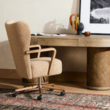 Featuring Melrose Sheepskin Camel Desk Chair by Four Hands at Amethyst Home. A comfort-driven desk chair features soft, textural upholstery in a versatile camel, framed by solid ash arms. A height-adjustable swivel base with casters makes for ease in the modern office.Overall Dimensions: 24.50"W x 27.25"L x 40"HColors: Amber Ash, Polished Aluminum, Sheepsk. Amethyst Home provides interior design, new home construction design consulting, vintage area rugs, and lighting in the Washington metro area.