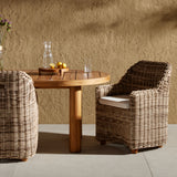 Traditional heritage shape on a grand scale. The outdoor dining chair is crafted from durable natural teak in a gorgeous, woven pattern highlighting the texture's natural highs and lows. Oversized with deep-seated comfort for the ultimate outdoor dining space. Cover or store indoors during inclement weather and when not in use. Amethyst Home provides interior design, new construction, custom furniture and area rugs in the Dallas metro area