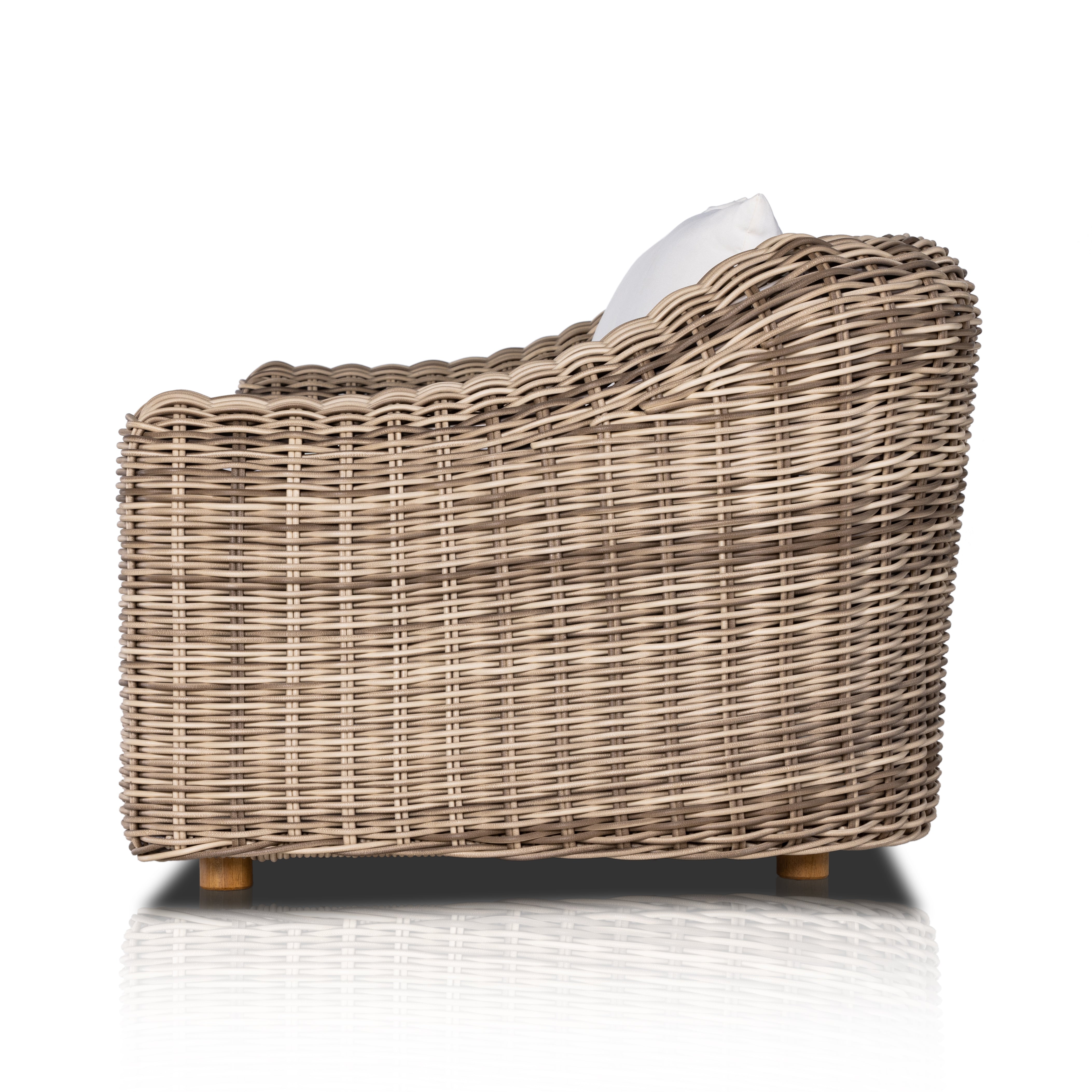 Traditional heritage shape on a grand scale. An outdoor dining sofa is crafted from durable natural teak in a gorgeous, woven pattern highlighting the texture's natural highs and lows. Oversized with deep-seated comfort with loose pillows for the ultimate outdoor lounge. Cover or store indoors during inclement weather and when not in use. Amethyst Home provides interior design, new construction, custom furniture and area rugs in the Alpharetta metro area