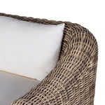 Traditional heritage shape on a grand scale. An outdoor dining sofa is crafted from durable natural teak in a gorgeous, woven pattern highlighting the texture's natural highs and lows. Oversized with deep-seated comfort with loose pillows for the ultimate outdoor lounge. Cover or store indoors during inclement weather and when not in use. Amethyst Home provides interior design, new construction, custom furniture and area rugs in the Alpharetta metro area