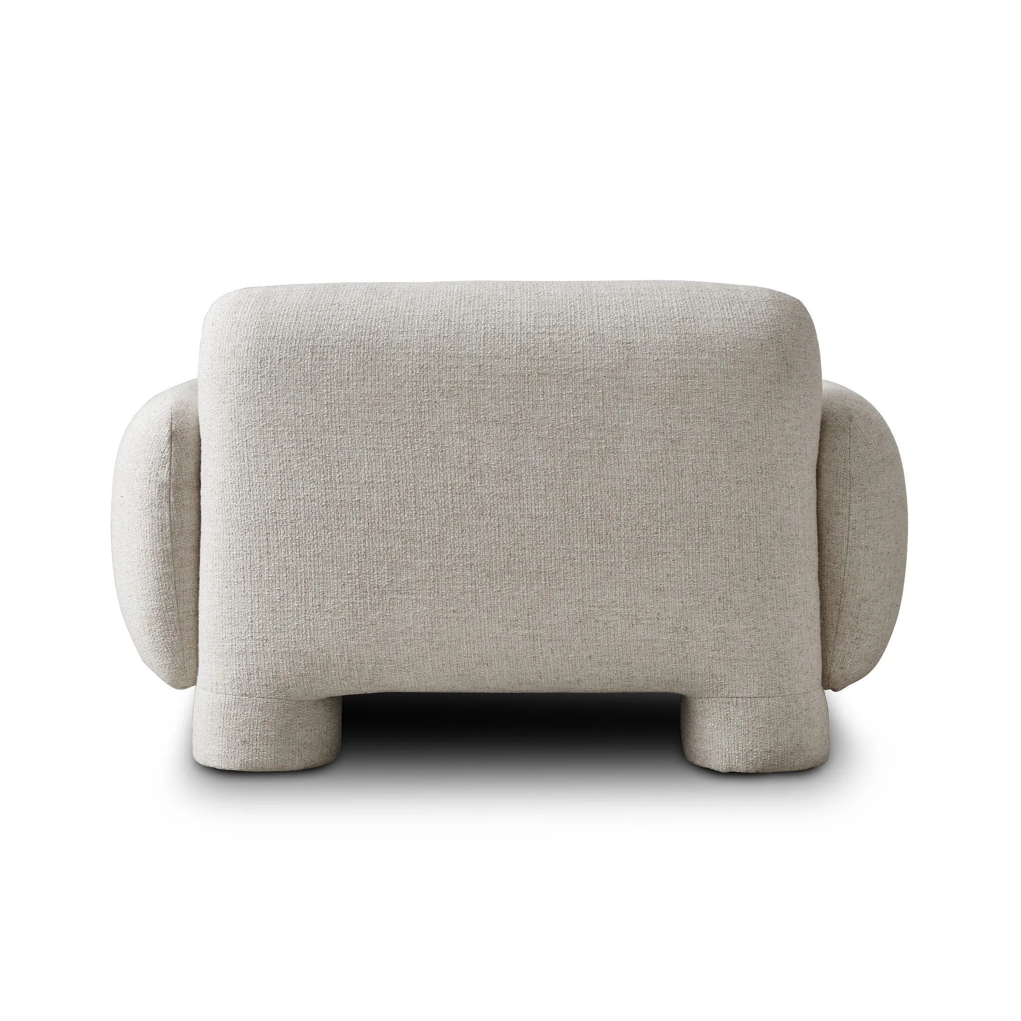Featuring Mingh Palma Cream Accent Chair by Four Hands at Amethyst Home. Oversized and modern, this arm chair is a statement piece whether styled alone or with an existing living room setup. The cream basketweave covering subdues bold arms and cylindrical legs. With spring suspension in the seat cushion and webbed suspension in the back, the piece is desig. Amethyst Home provides interior design, new home construction design consulting, vintage area rugs, and lighting in the Alpharetta metro area.