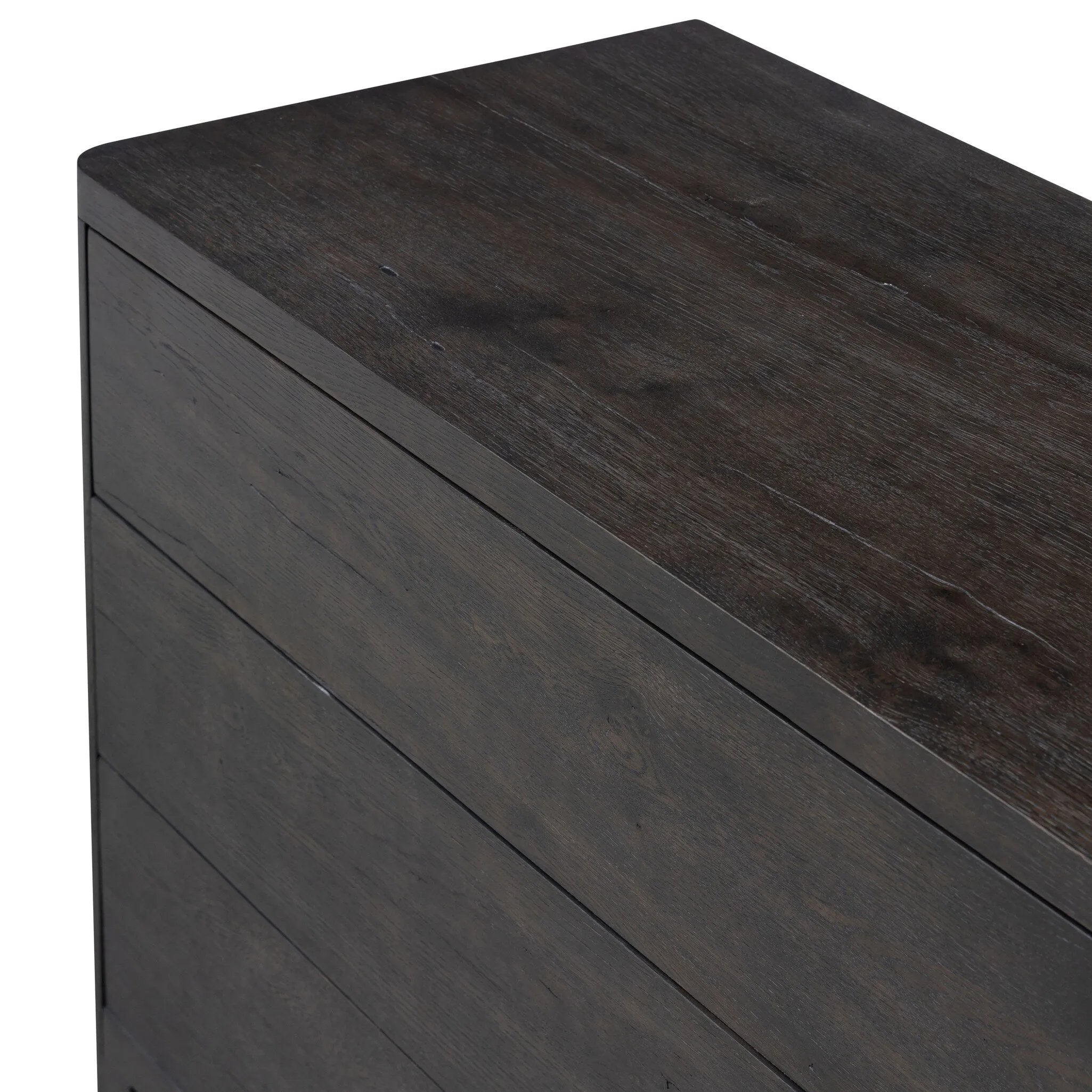 Featuring Noeline Smoked Black Oak Veneer 6 Drawer Dresser by Four Hands at Amethyst Home. Topped with a thick plank of solid oak, this extra-wide dresser blends modern lines and warm character with six roomy drawers, slightly curved corners, and solid square legs. Seamless drawer fronts have a push-latch mechanism. Made from solid oak and veneer in a smo. Amethyst Home provides interior design, new home construction design consulting, vintage area rugs, and lighting in the Los Angeles metro area.