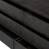 Featuring Noeline Smoked Black Oak Veneer 6 Drawer Dresser by Four Hands at Amethyst Home. Topped with a thick plank of solid oak, this extra-wide dresser blends modern lines and warm character with six roomy drawers, slightly curved corners, and solid square legs. Seamless drawer fronts have a push-latch mechanism. Made from solid oak and veneer in a smoky. Amethyst Home provides interior design, new home construction design consulting, vintage area rugs, and lighting in the San Diego metro area.