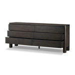 Featuring Noeline Smoked Black Oak Veneer 6 Drawer Dresser by Four Hands at Amethyst Home. Topped with a thick plank of solid oak, this extra-wide dresser blends modern lines and warm character with six roomy drawers, slightly curved corners, and solid square legs. Seamless drawer fronts have a push-latch mechanism. Made from solid oak and veneer in a smok. Amethyst Home provides interior design, new home construction design consulting, vintage area rugs, and lighting in the Washington metro area.