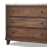 Featuring Odette Antique Belgium Bleach Marble Nightstand by Four Hands at Amethyst Home. Capturing the charm of vintage French storage, this solid mango wood nightstand stands tall with a polished marble top and softened ogee edges. Three spacious drawers are fitted with classic brass-button hardware. Natural marks and cracks are characteristic of the rec. Amethyst Home provides interior design, new home construction design consulting, vintage area rugs, and lighting in the Alpharetta metro area.
