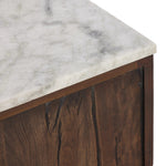 Featuring Odette Antique Belgium Bleach Marble Nightstand by Four Hands at Amethyst Home. Capturing the charm of vintage French storage, this solid mango wood nightstand stands tall with a polished marble top and softened ogee edges. Three spacious drawers are fitted with classic brass-button hardware. Natural marks and cracks are characteristic of the reclaim. Amethyst Home provides interior design, new home construction design consulting, vintage area rugs, and lighting in the Boston metro area.