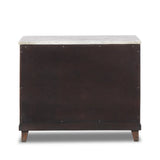 Featuring Odette Antique Belgium Bleach Marble Nightstand by Four Hands at Amethyst Home. Capturing the charm of vintage French storage, this solid mango wood nightstand stands tall with a polished marble top and softened ogee edges. Three spacious drawers are fitted with classic brass-button hardware. Natural marks and cracks are characteristic of the recl. Amethyst Home provides interior design, new home construction design consulting, vintage area rugs, and lighting in the Nashville metro area.