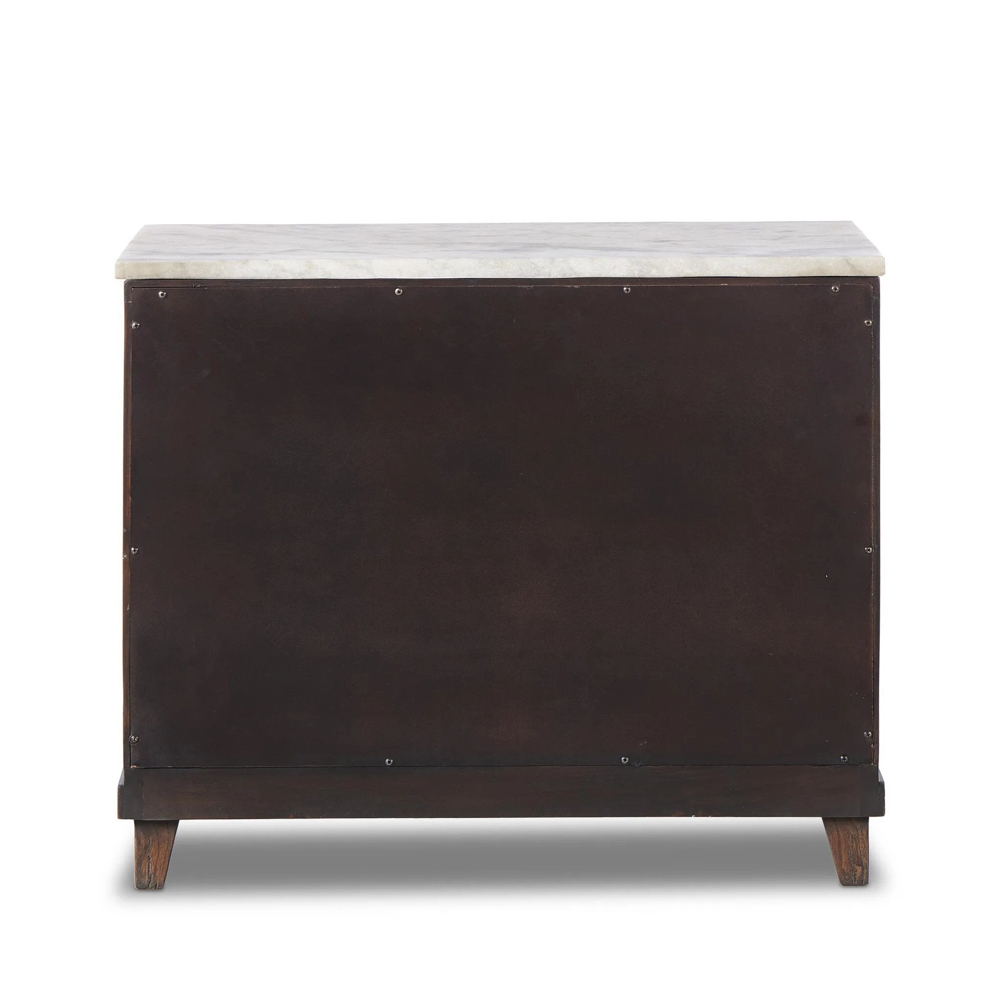 Featuring Odette Antique Belgium Bleach Marble Nightstand by Four Hands at Amethyst Home. Capturing the charm of vintage French storage, this solid mango wood nightstand stands tall with a polished marble top and softened ogee edges. Three spacious drawers are fitted with classic brass-button hardware. Natural marks and cracks are characteristic of the recl. Amethyst Home provides interior design, new home construction design consulting, vintage area rugs, and lighting in the Nashville metro area.