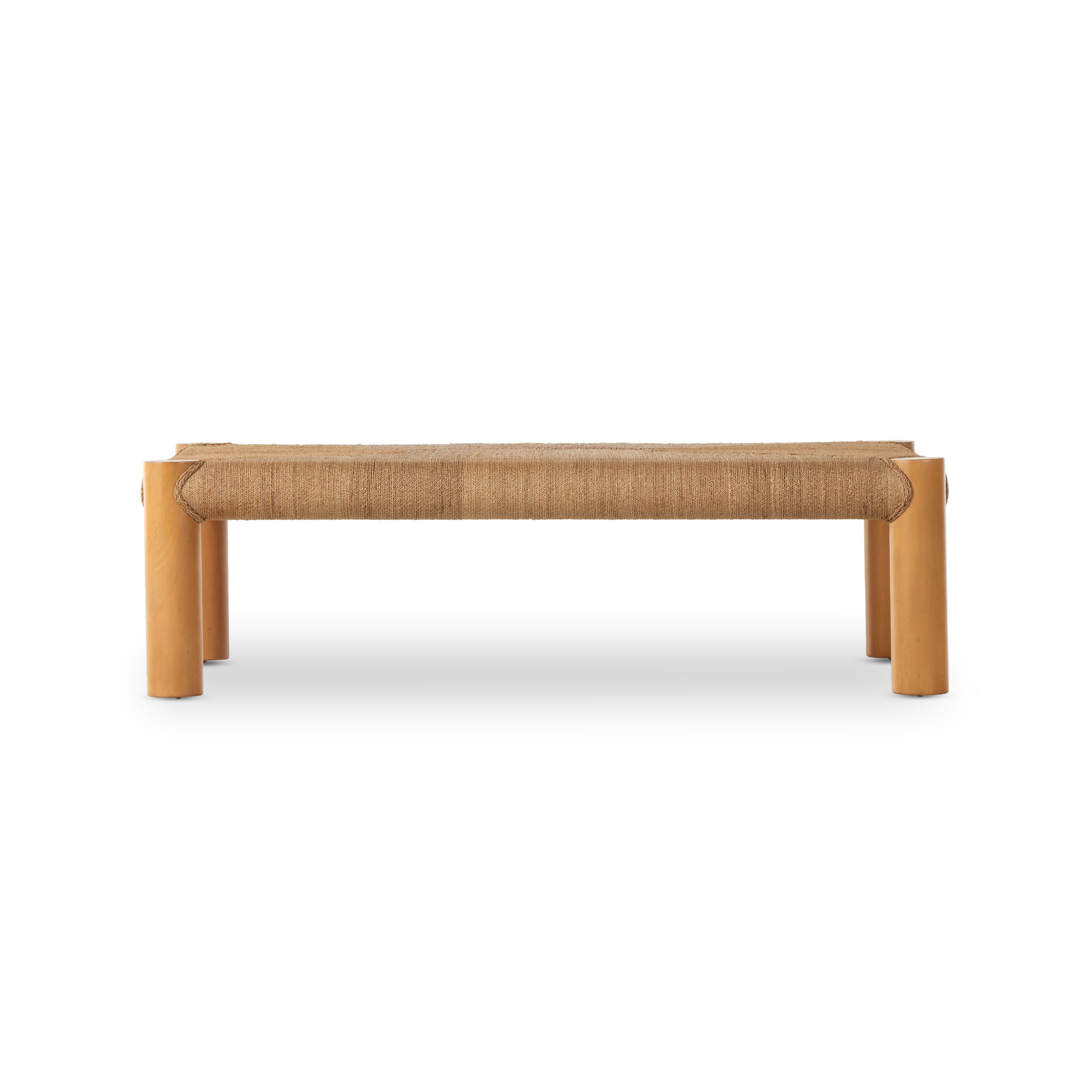 The traditional coffee table gets a textural twist. Chunky column legs of light-washed mahogany support a rectangular tabletop of braided sugar palm leaves. Amethyst Home provides interior design, new construction, custom furniture, and area rugs in the Omaha metro area.