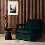 Work some color into your mix with low, structured seating upholstered in an emerald performance fabric â€“ all atop a 360-degree swivel. Performance fabrics are specially created to withstand spills, stains, high traffic and wear, ensuring long-term comfort and unmatched durability. Amethyst Home provides interior design, new construction, custom furniture, and area rugs in the Calabasas metro area.