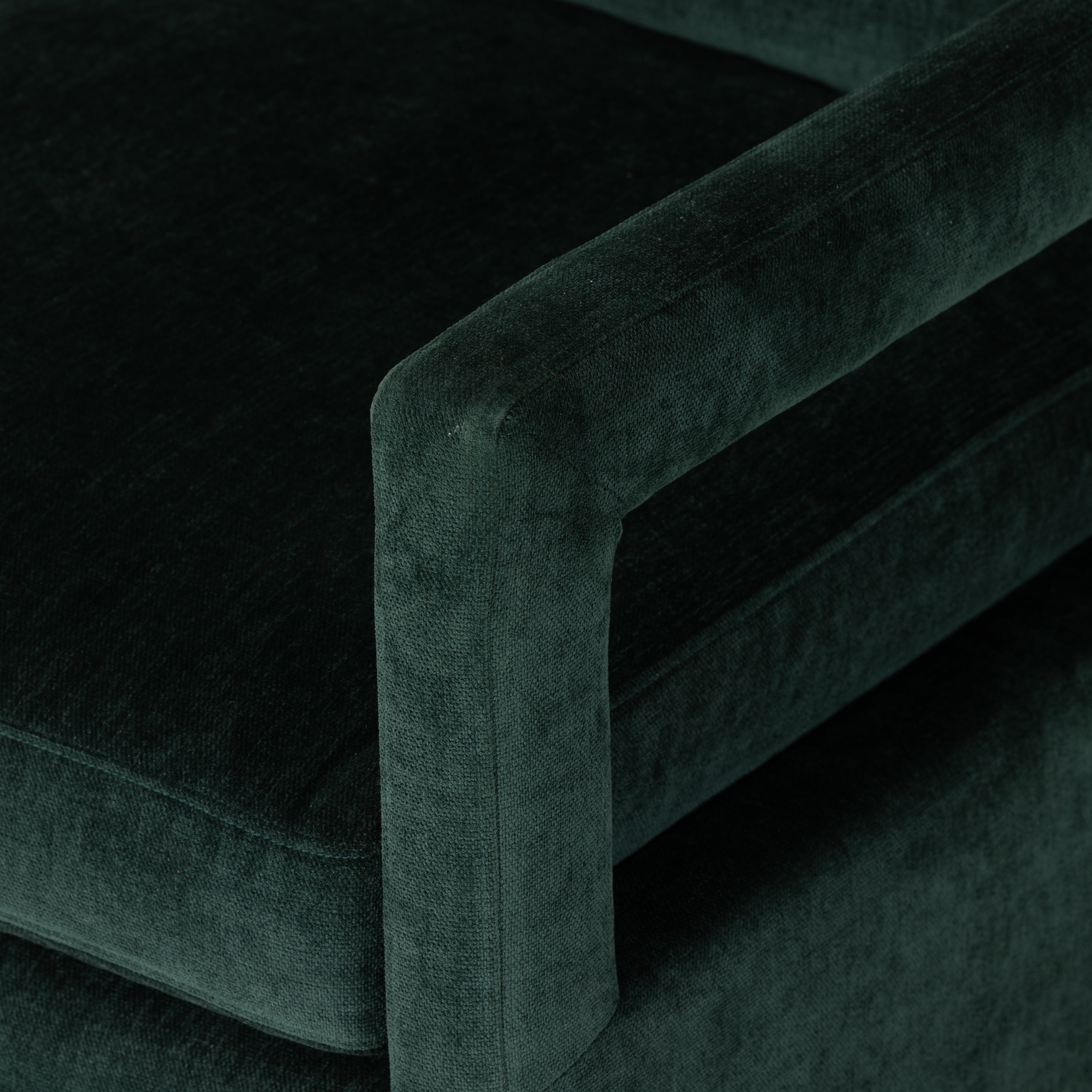 Work some color into your mix with low, structured seating upholstered in an emerald performance fabric â€“ all atop a 360-degree swivel. Performance fabrics are specially created to withstand spills, stains, high traffic and wear, ensuring long-term comfort and unmatched durability. Amethyst Home provides interior design, new construction, custom furniture, and area rugs in the Des Moines metro area.
