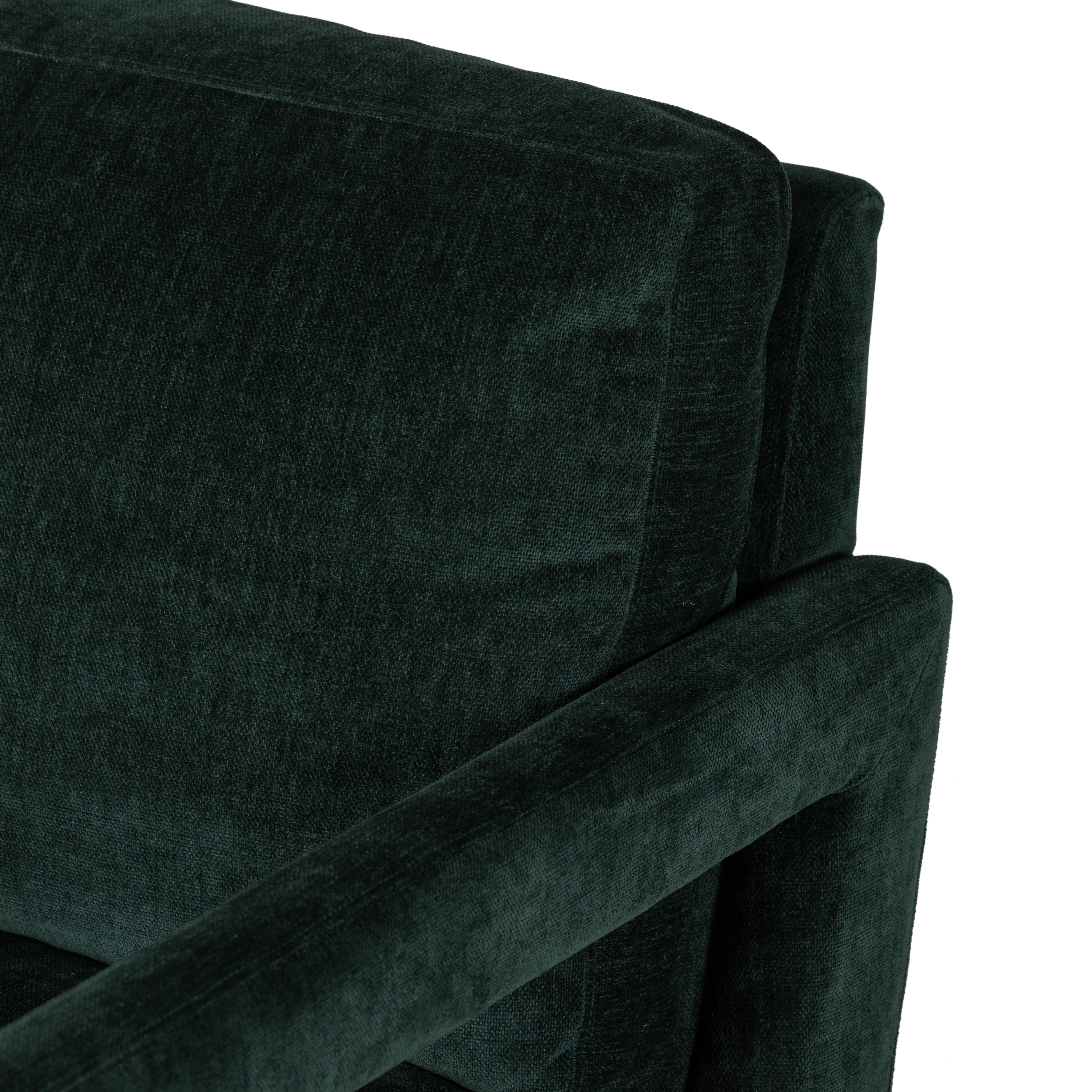 Work some color into your mix with low, structured seating upholstered in an emerald performance fabric â€“ all atop a 360-degree swivel. Performance fabrics are specially created to withstand spills, stains, high traffic and wear, ensuring long-term comfort and unmatched durability. Amethyst Home provides interior design, new construction, custom furniture, and area rugs in the Kansas City metro area.