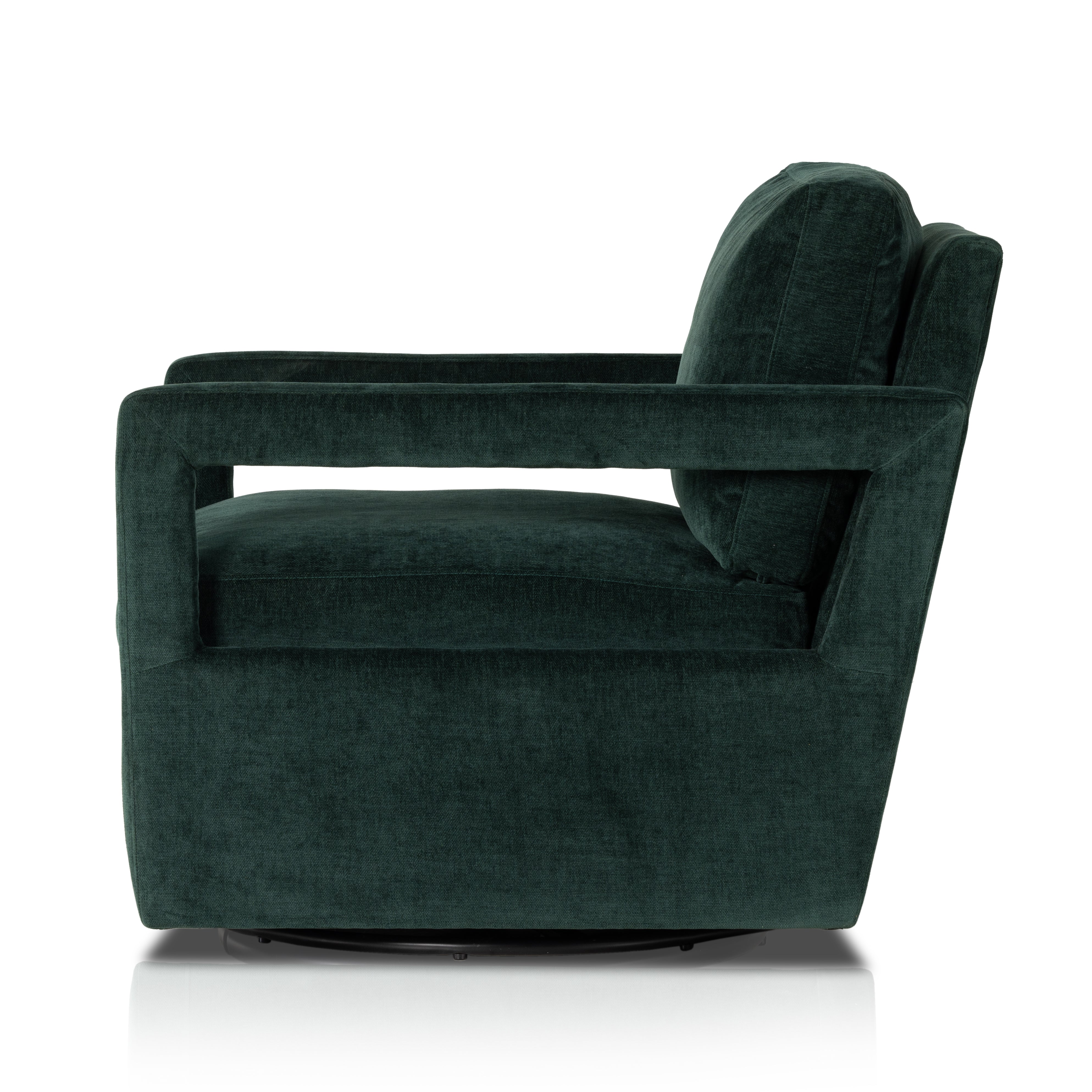 Work some color into your mix with low, structured seating upholstered in an emerald performance fabric â€“ all atop a 360-degree swivel. Performance fabrics are specially created to withstand spills, stains, high traffic and wear, ensuring long-term comfort and unmatched durability. Amethyst Home provides interior design, new construction, custom furniture, and area rugs in the Monterey metro area.
