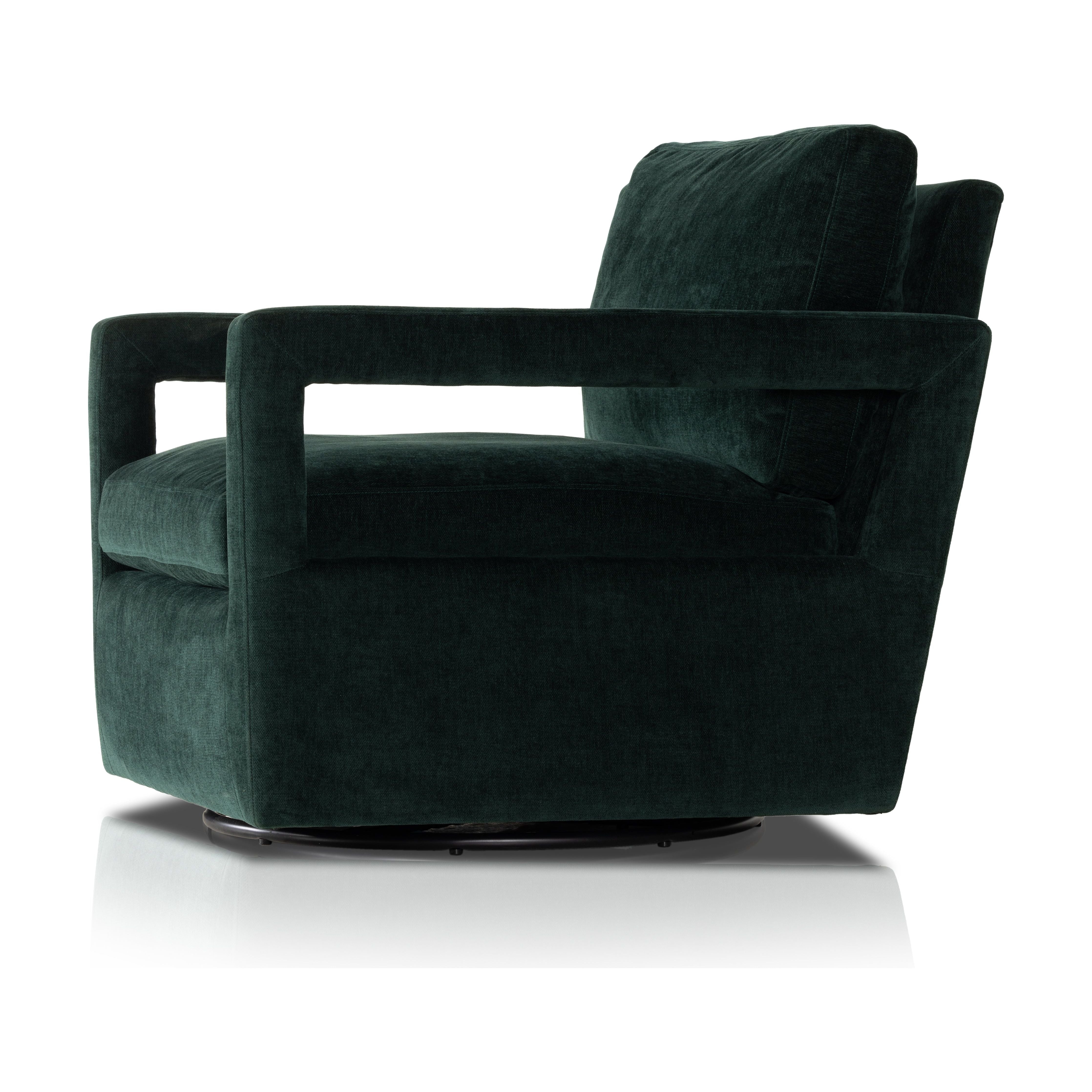 Work some color into your mix with low, structured seating upholstered in an emerald performance fabric â€“ all atop a 360-degree swivel. Performance fabrics are specially created to withstand spills, stains, high traffic and wear, ensuring long-term comfort and unmatched durability. Amethyst Home provides interior design, new construction, custom furniture, and area rugs in the Washington metro area.