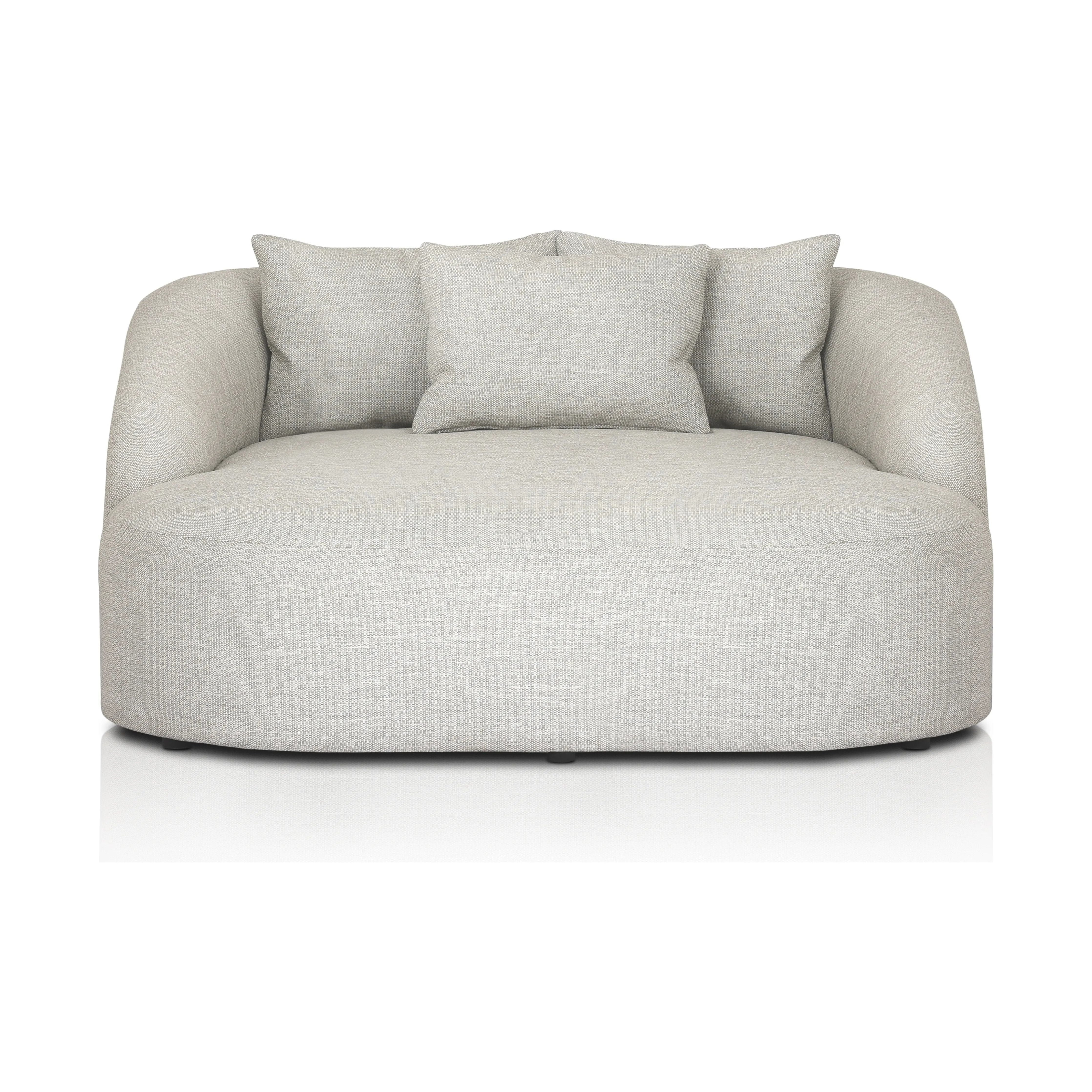 U-shaped and spacious, this fully upholstered outdoor daybed invites you to lounge. Sink-in cushioning and three knife-edge throw pillows offer additional comfort. Cover or store indoors during inclement weather and when not in use.Collection: Solan Amethyst Home provides interior design, new home construction design consulting, vintage area rugs, and lighting in the San Diego metro area.