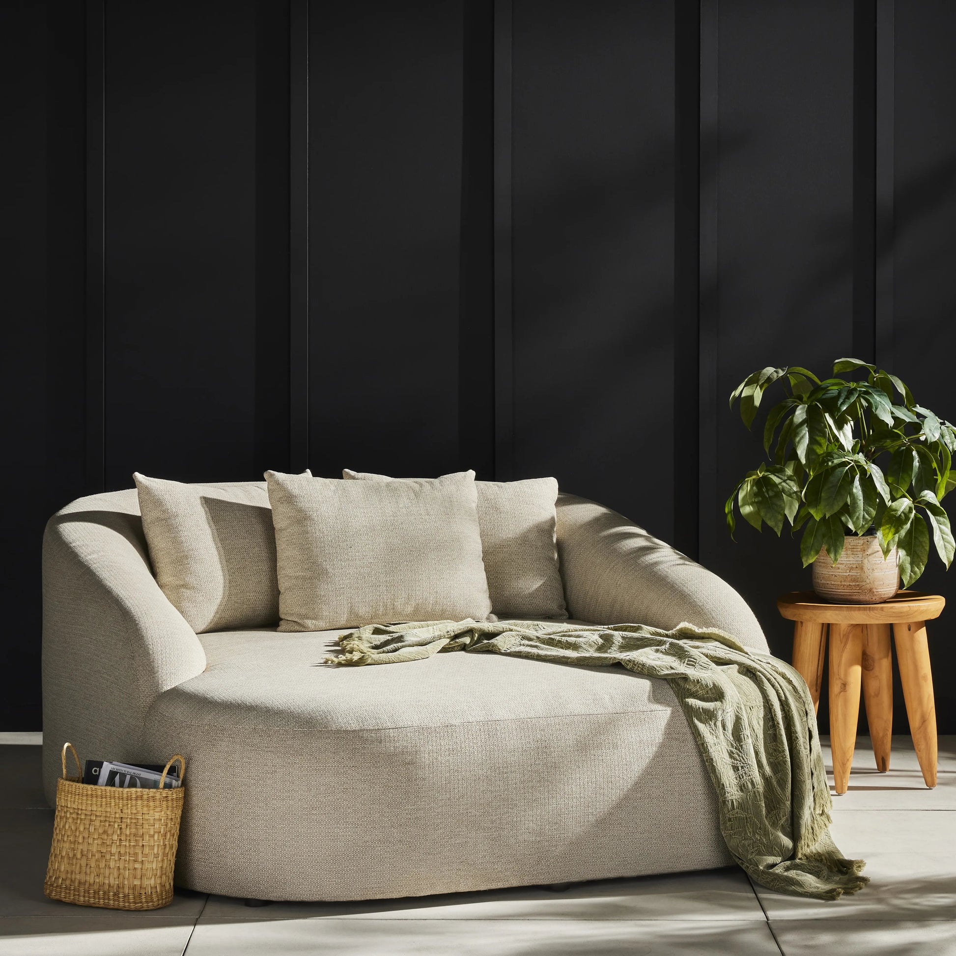 U-shaped and spacious, this fully upholstered outdoor daybed invites you to lounge. Sink-in cushioning and three knife-edge throw pillows offer additional comfort. Cover or store indoors during inclement weather and when not in use.Collection: Solan Amethyst Home provides interior design, new home construction design consulting, vintage area rugs, and lighting in the Seattle metro area.