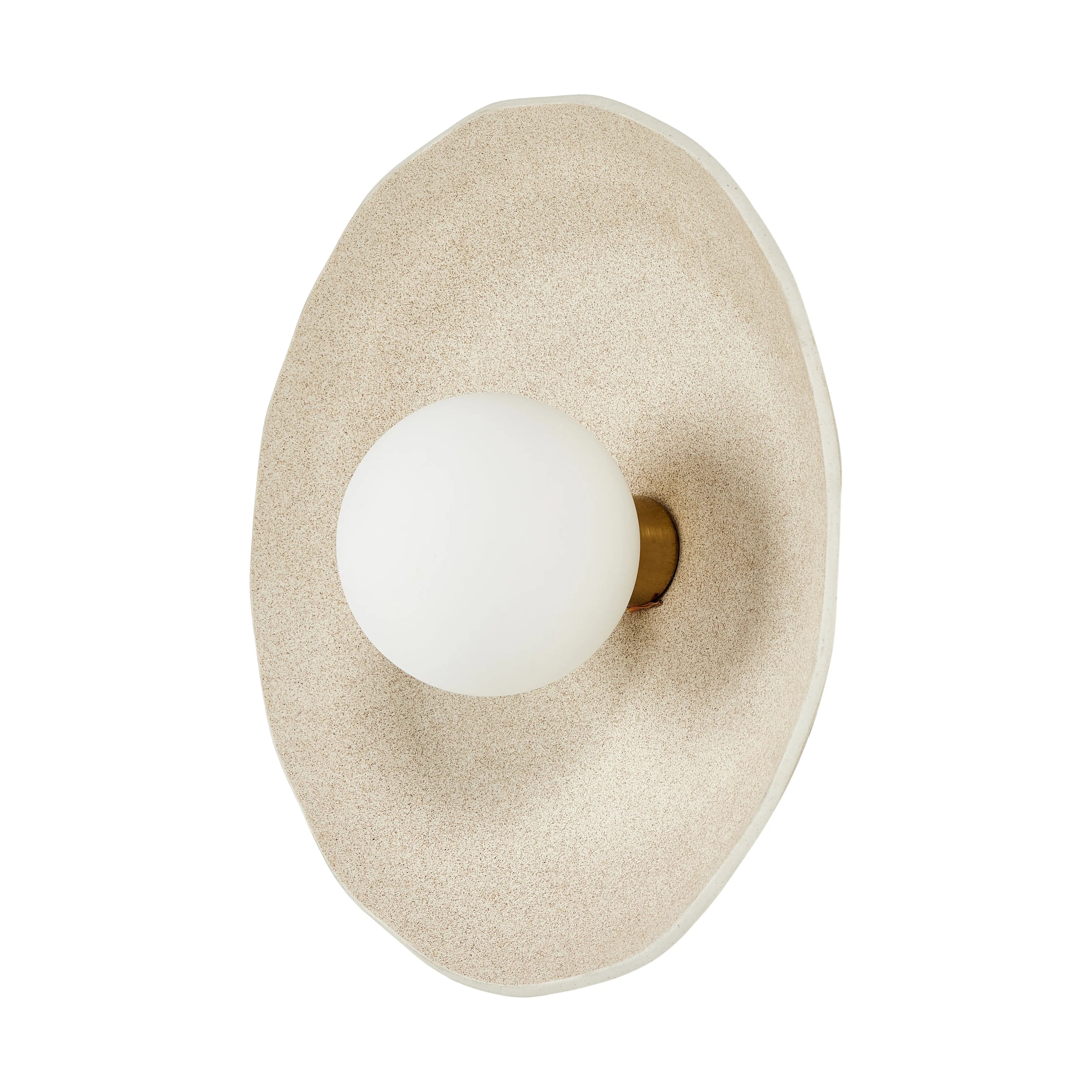 Featuring Organic Light Sand Ceramic Sconce by Four Hands at Amethyst Home. Organic in spirit. A light sand-colored porcelain disc is nestled in a slim iron frame for a spare but impactful look.Overall Dimensions: 7"W x 14"L x 14"H
Collection: RykerColors: Brass ,Opal White Glass ,Light SandMaterials: Iron ,Glass ,Ceramic Weight: 5.16 lbsBulb(s) Include. Amethyst Home provides interior design, new home construction design consulting, vintage area rugs, and lighting in the Newport Beach metro area.