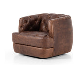 Featuring Paul Raleigh Cigar Swivel Chair by Four Hands at Amethyst Home. Old English-inspired top-grain leather is finished with a soft hand for a vintage, lived-in look on this traditionally inspired chair. Handcrafted in Italy, the richness of this distinctive, full-bodied leather develops an even-richer patina over time. Button tufting texturizes a comfortably curved back . Amethyst Home provides interior design, new construction, custom furniture, and area rugs in the Laguna Beach metro area.