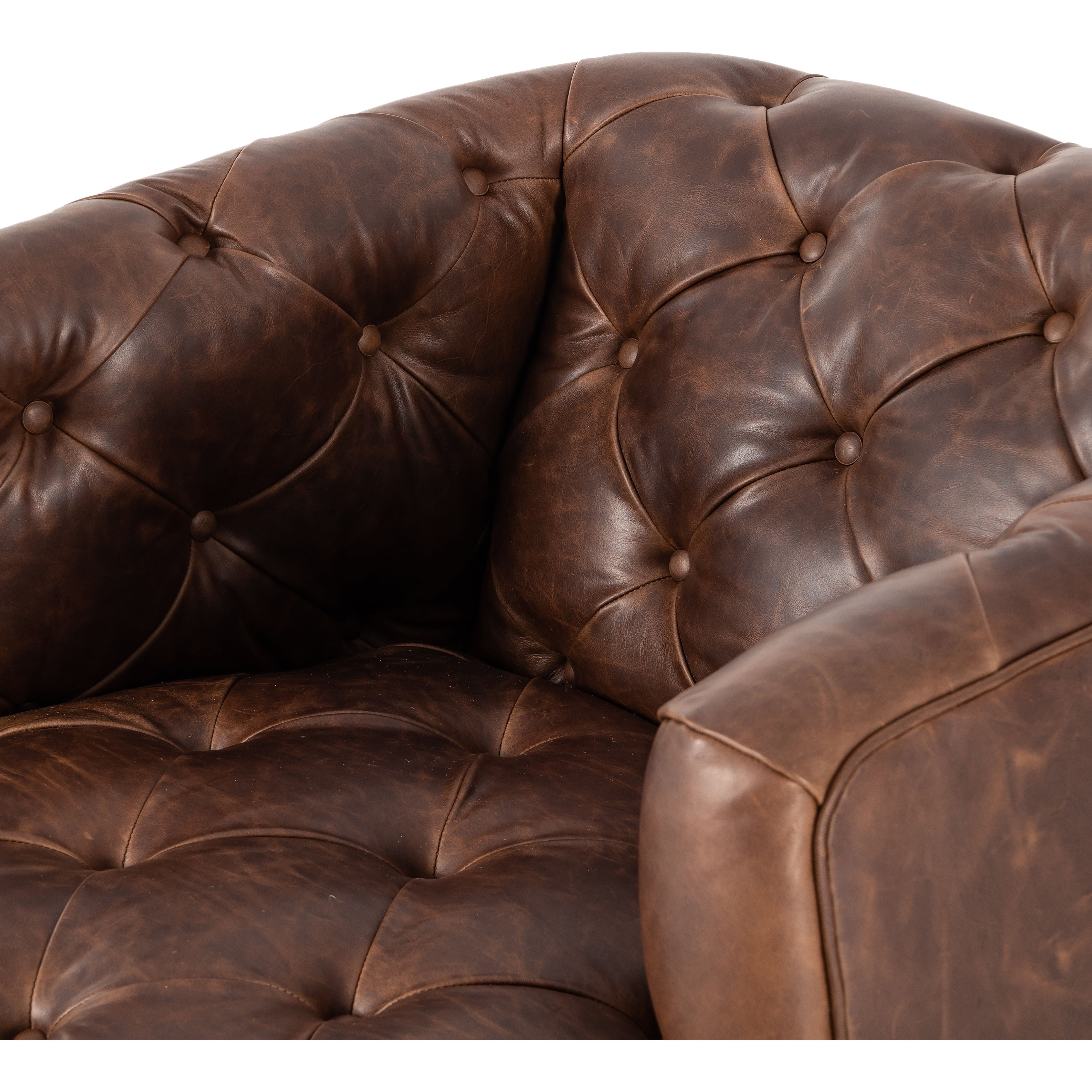 Featuring Paul Raleigh Cigar Swivel Chair by Four Hands at Amethyst Home. Old English-inspired top-grain leather is finished with a soft hand for a vintage, lived-in look on this traditionally inspired chair. Handcrafted in Italy, the richness of this distinctive, full-bodied leather develops an even-richer patina over time. Button tufting texturizes a comfortably curved back and. Amethyst Home provides interior design, new construction, custom furniture, and area rugs in the Nashville metro area.