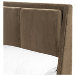 Upholstered in a velvety olive with subtle highs and lows that change in appearance depending on the direction of the fabric's nap. Fixed headboard cushioning for adds texture and comfort, while tapered oak legs lend a low-profile look. Amethyst Home provides interior design, new construction, custom furniture, and area rugs in the Calabasas metro area.