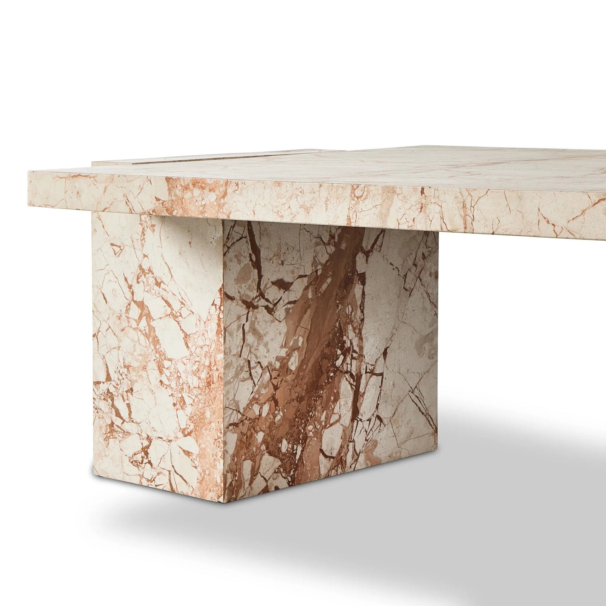 Solid marble sheets are laminated to create cubed cradle bases for a thick-cut tabletop. Heavy veining and natural swirls speak to the nature of marble, with each piece being entirely unique.Collection: Elemen Amethyst Home provides interior design, new home construction design consulting, vintage area rugs, and lighting in the Winter Garden metro area.