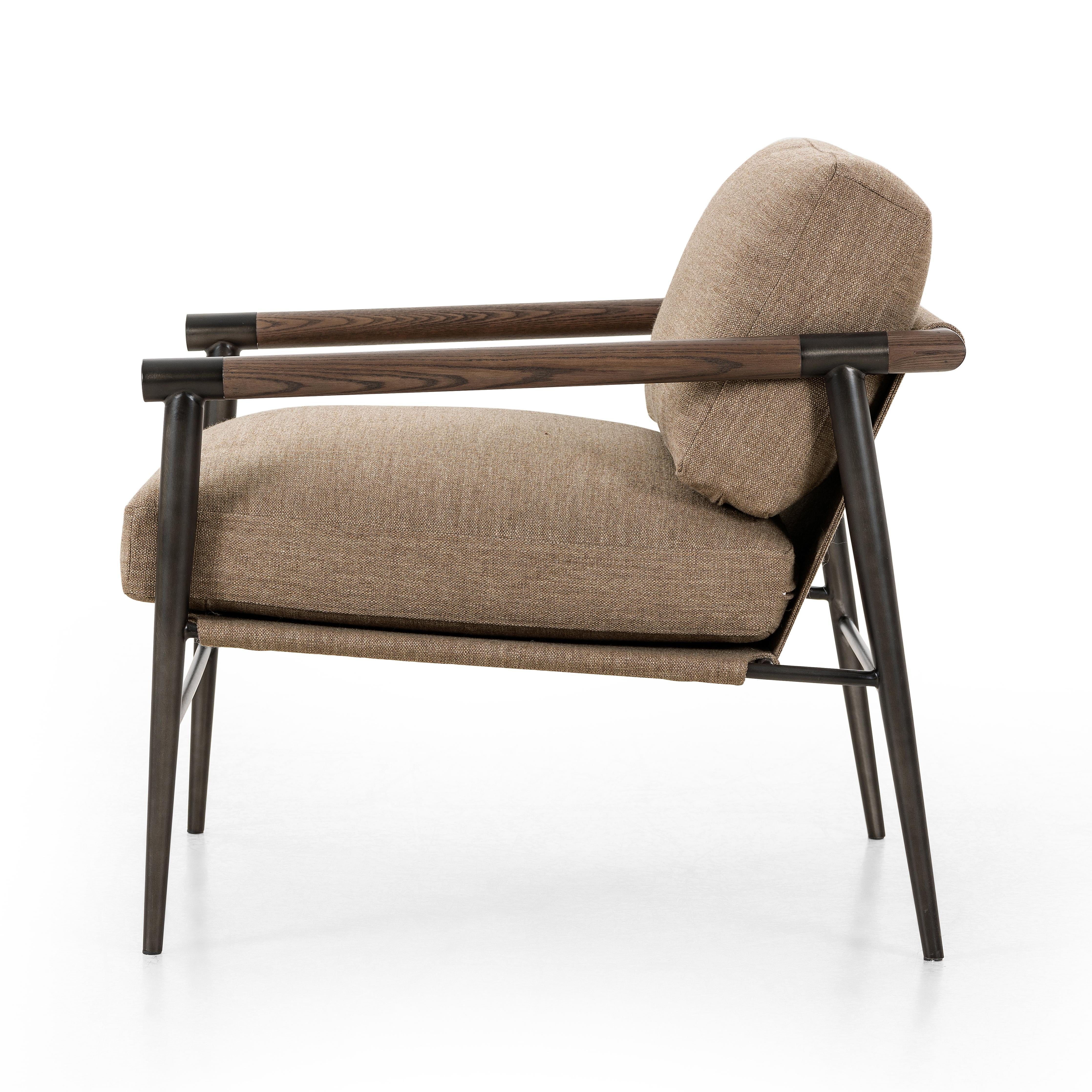 Featuring Rowen Chair - Alcala Fawn by Four Hands at Amethyst Home. Angular oak arms pair with tailored seating of high-performance fabric. Slim, carbon-finished steel legs add a dose of modern-industrial edge. Performance fabrics are specially created to withstand spills, stains, high traffic and wear, ensuring long-term comfort and unmatched durability.
. Amethyst Home provides interior design, new home construction design consulting, vintage area rugs, and lighting in the Alpharetta metro area.