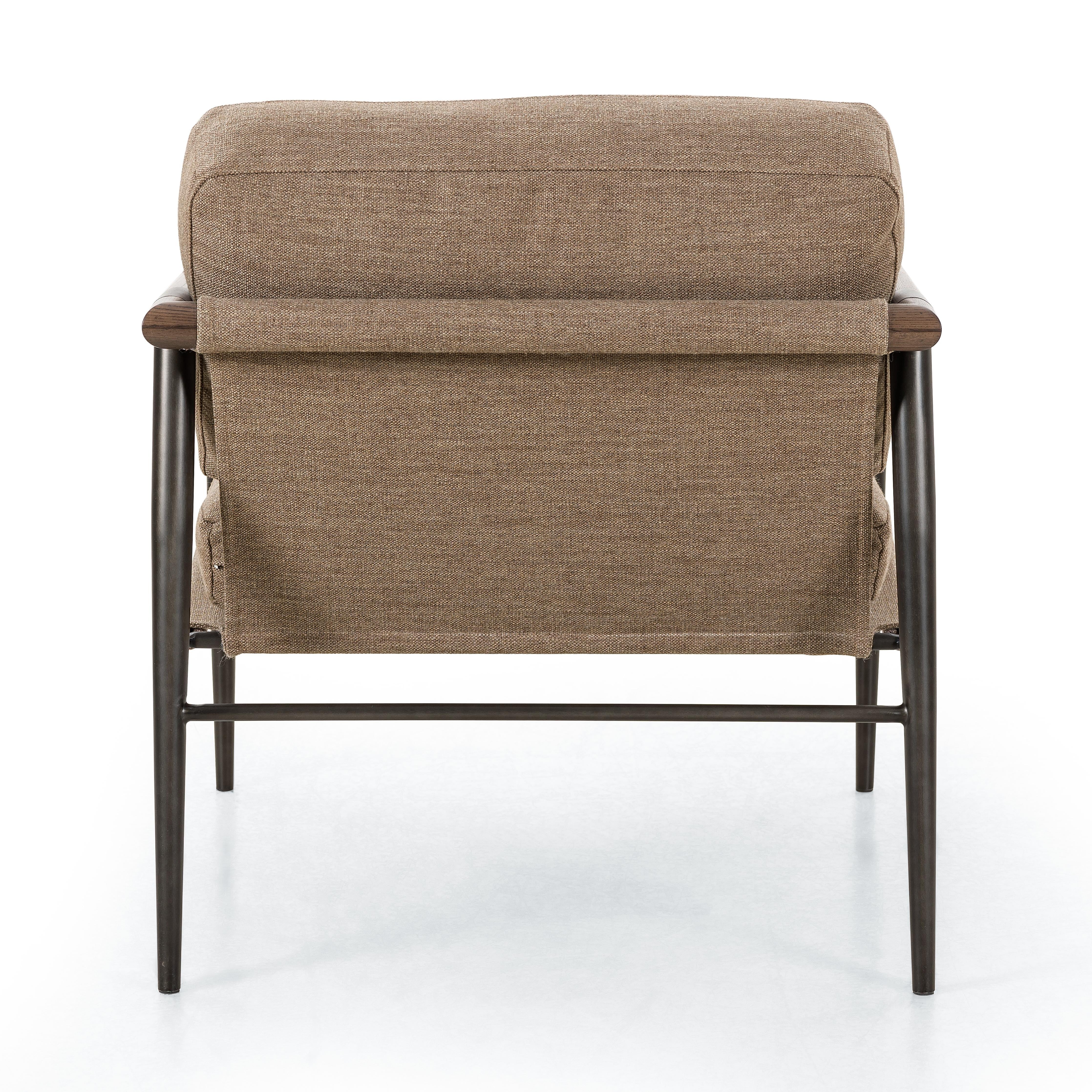 Featuring Rowen Chair - Alcala Fawn by Four Hands at Amethyst Home. Angular oak arms pair with tailored seating of high-performance fabric. Slim, carbon-finished steel legs add a dose of modern-industrial edge. Performance fabrics are specially created to withstand spills, stains, high traffic and wear, ensuring long-term comfort and unmatched durabili. Amethyst Home provides interior design, new home construction design consulting, vintage area rugs, and lighting in the Salt Lake City metro area.