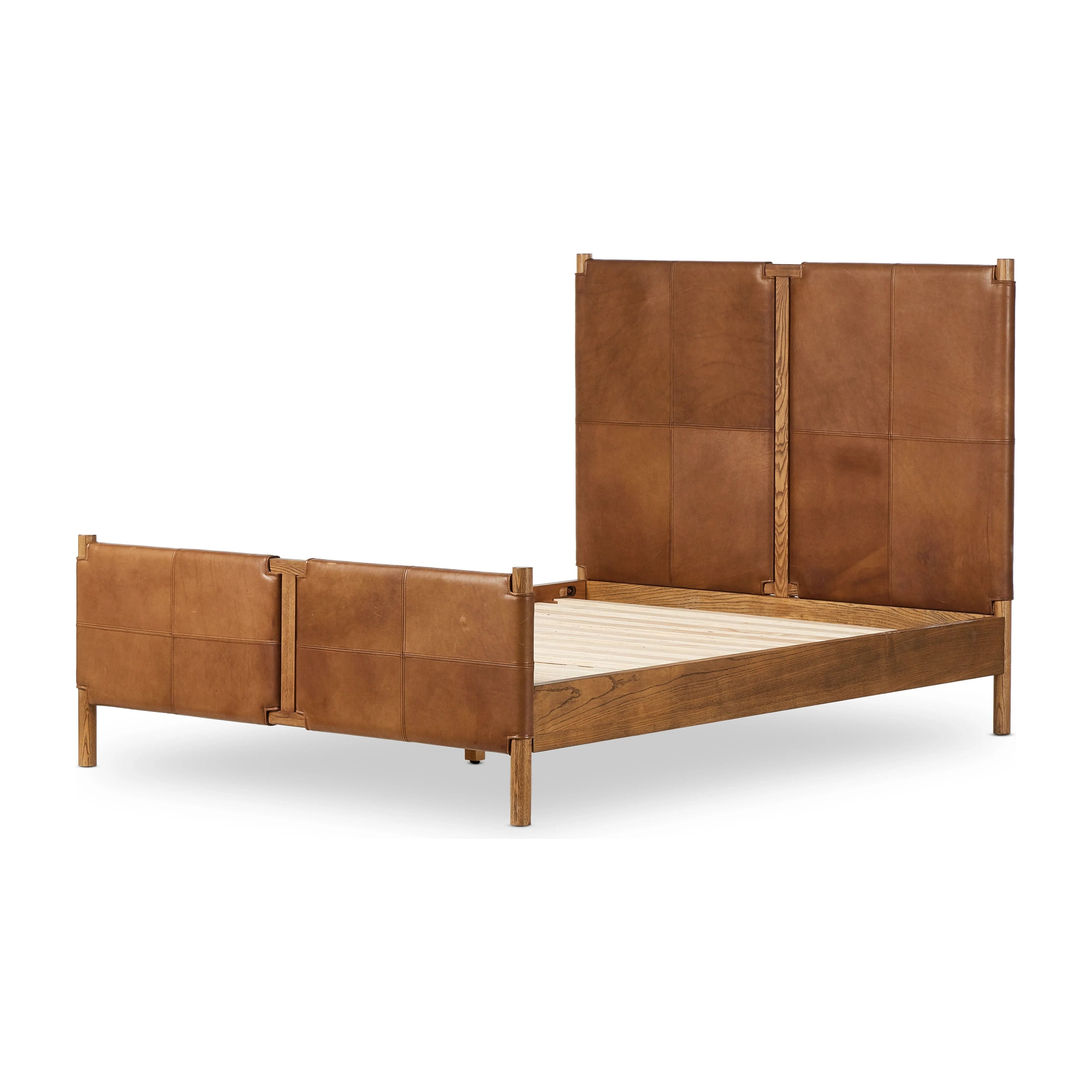 Solid ash framing and heirloom leather panel details craft this safari-inspired bed frame. Sourced from one of the oldest family-owned tanneries in Italyâ€™s Bassano del Grappa, our heirloom leather covering is salvaged and processed from upcycled hides featuring an abundance of natural markings, scars and color variations. Amethyst Home provides interior design, new home construction design consulting, vintage area rugs, and lighting in the Miami metro area.