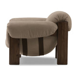 Featuring Samena Nubuck Sand Chair by Four Hands at Amethyst Home. A cozy spot for lounging and curling up with a good book. This statement-making chair features large overflowing cushioning that wraps around the arms and back. Designed with S spring construction and a solid oak frame. Upholstered in a smooth sueded leather with contrasting sling seating s. Amethyst Home provides interior design, new home construction design consulting, vintage area rugs, and lighting in the Des Moines metro area.
