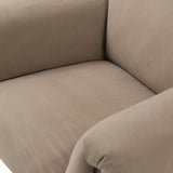 Featuring Samena Nubuck Sand Chair by Four Hands at Amethyst Home. A cozy spot for lounging and curling up with a good book. This statement-making chair features large overflowing cushioning that wraps around the arms and back. Designed with S spring construction and a solid oak frame. Upholstered in a smooth sueded leather with contrasting sling seating str. Amethyst Home provides interior design, new home construction design consulting, vintage area rugs, and lighting in the Portland metro area.