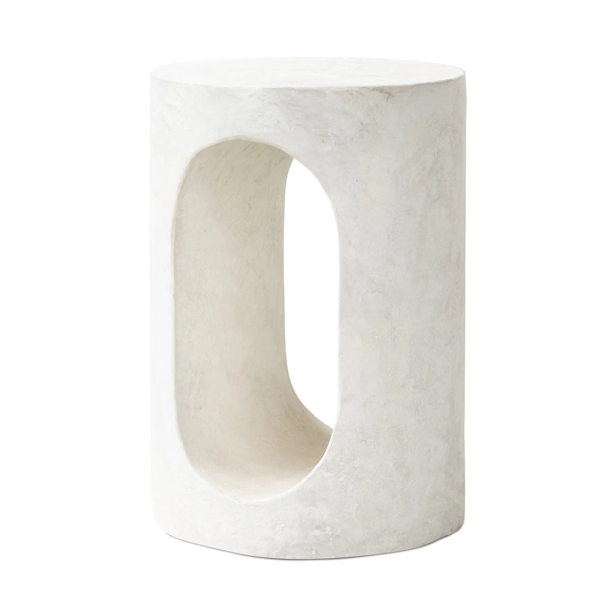 Made from textured white concrete, a cylinder shaped end table features a pill-shaped cutout for a light look. Subtle mottling adds a hint of texture.Collection: Chandle Amethyst Home provides interior design, new home construction design consulting, vintage area rugs, and lighting in the Newport Beach metro area.