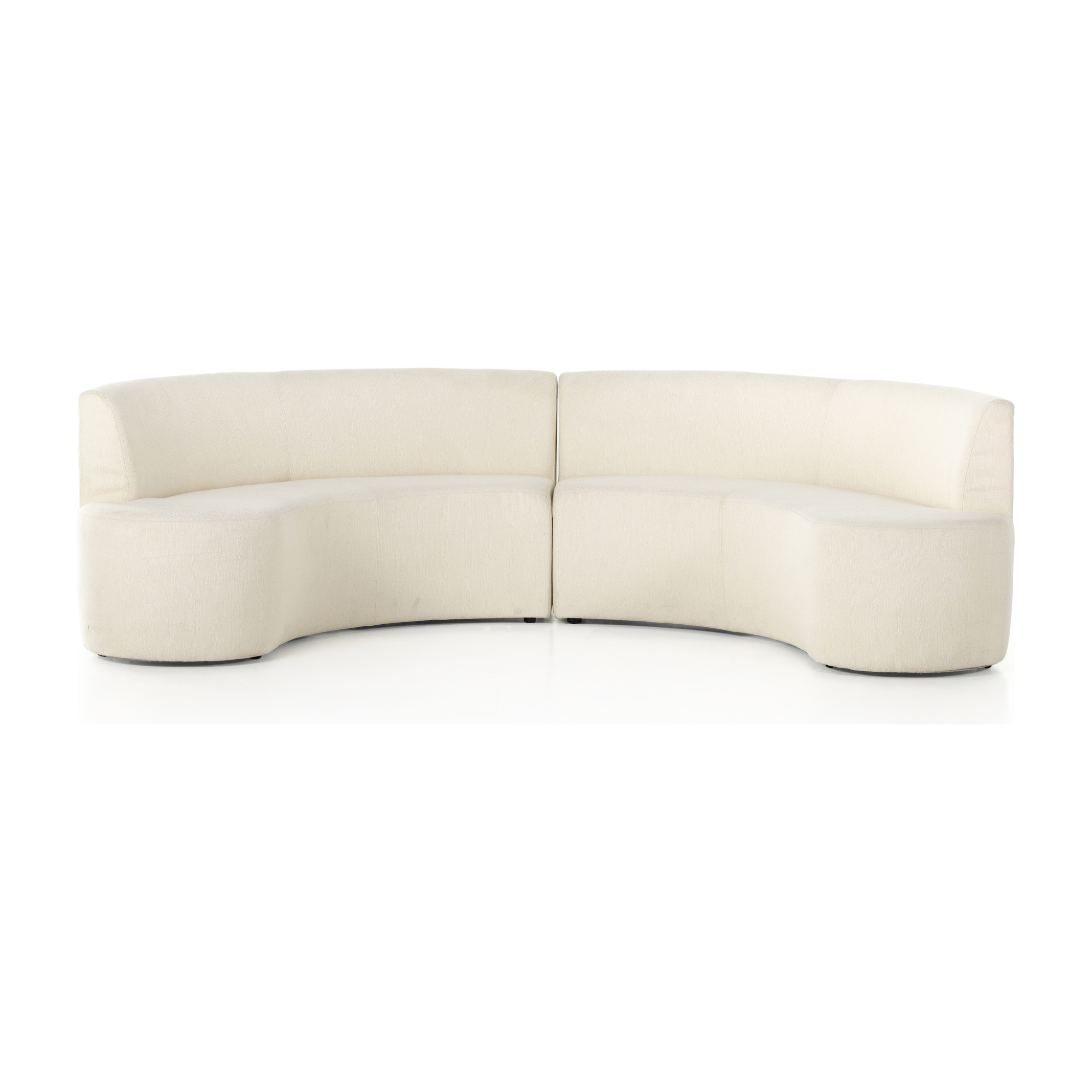 Featuring a dramatically shaped and tightly tailored look, the Sanda dining banquette in an ivory high-performance fabric places a sensible twist on an elegant dining bench. Amethyst Home provides interior design services, furniture, rugs, and lighting in the Charlotte metro area.