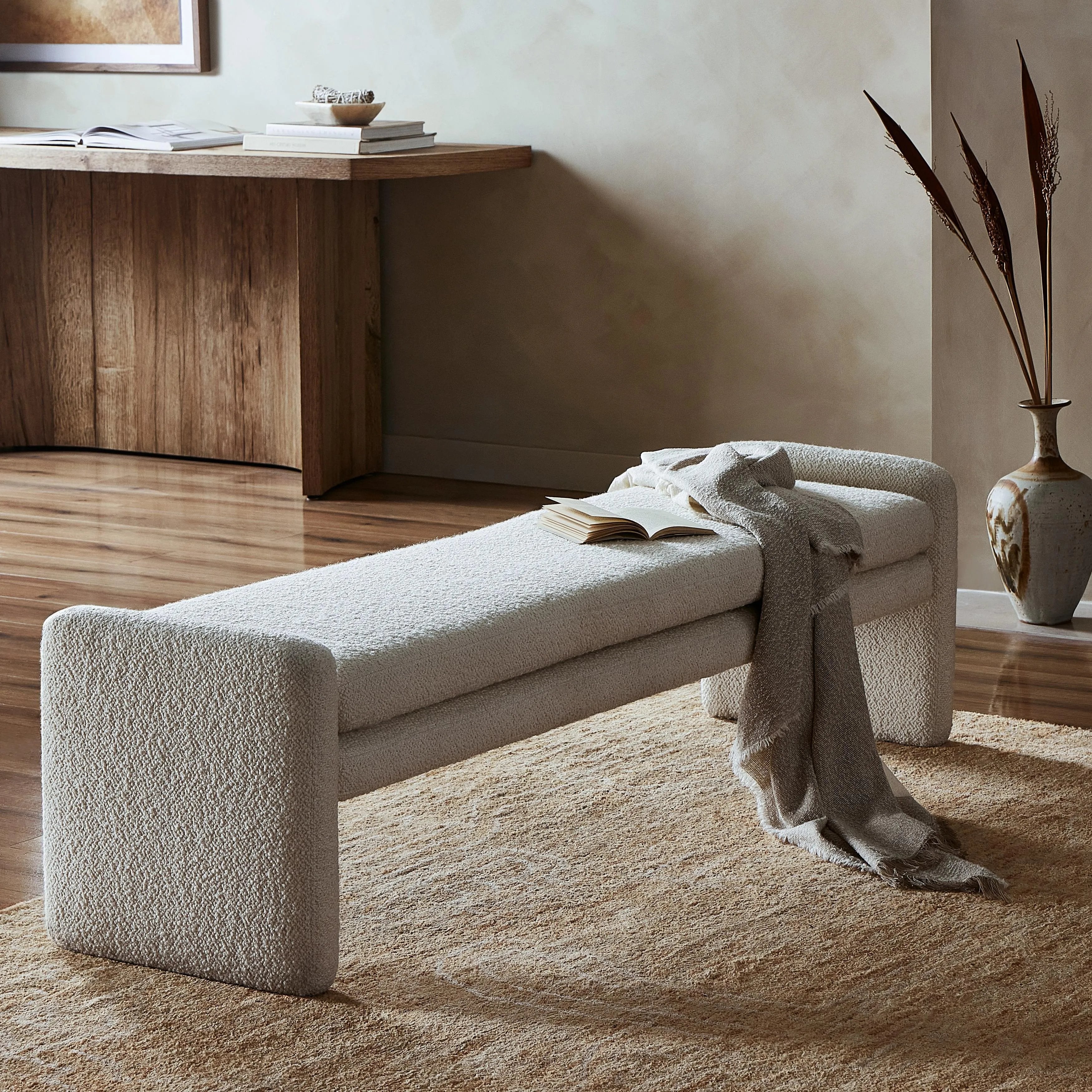 Featuring Serena Durham Cream Accent Bench by Four Hands at Amethyst Home. Cream, boucle-like upholstery covers a long, sophisticated dining bench.Overall Dimensions: 18"W x 70"Lx 19"H
Collection: TownsendColors: Durham CreamMaterials: 61% Polyester, 39% W Weight: 48.5 lbs. Amethyst Home provides interior design, new home construction design consulting, vintage area rugs, and lighting in the Tampa metro area.
