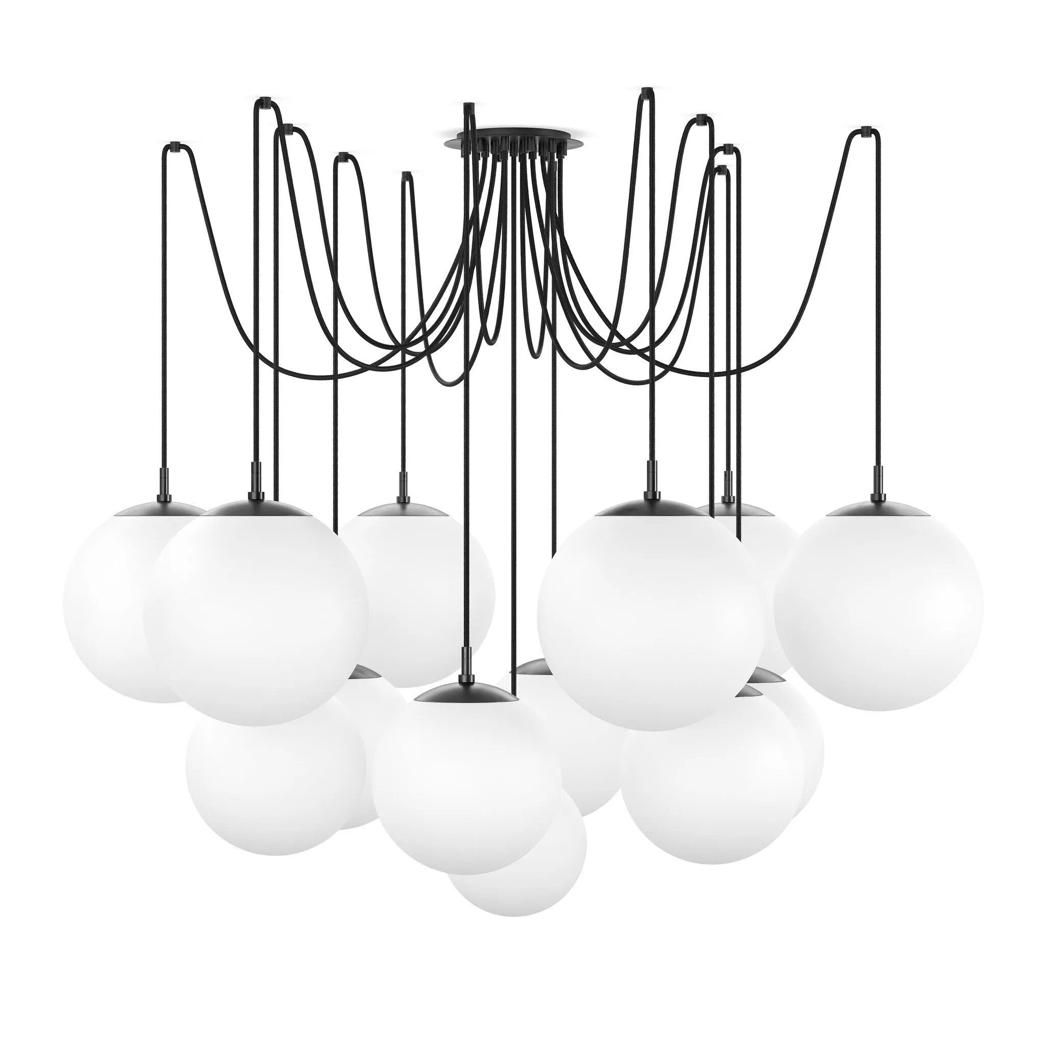 Featuring Spider Black Gunmetal Opal Matte Glass Cord Chandelier by Four Hands at Amethyst Home. Matte glass spheres float at varying lengths for a statement-making piece. Each globe is individually blown, shaped and sculpted by hand through a one-hour process. Matte glass is specially manufactured to evenly diffuse light. The finish on the brass frame is achi. Amethyst Home provides interior design, new home construction design consulting, vintage area rugs, and lighting in the Austin metro area.