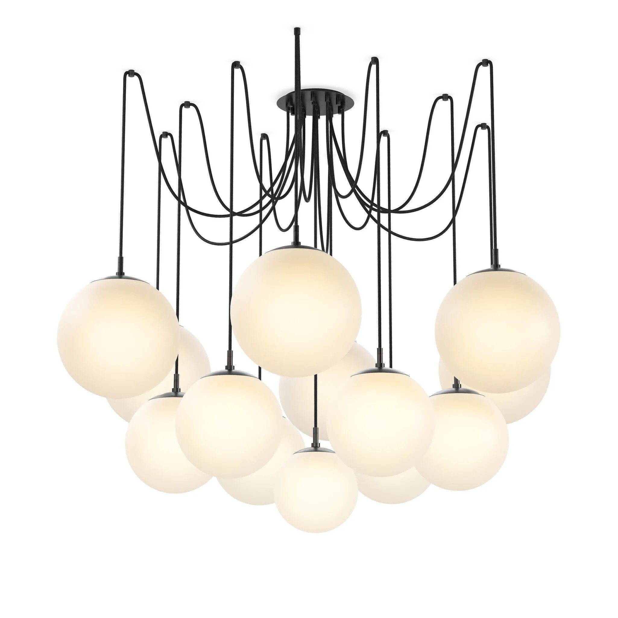 Featuring Spider Black Gunmetal Opal Matte Glass Cord Chandelier by Four Hands at Amethyst Home. Matte glass spheres float at varying lengths for a statement-making piece. Each globe is individually blown, shaped and sculpted by hand through a one-hour process. Matte glass is specially manufactured to evenly diffuse light. The finish on the brass frame . Amethyst Home provides interior design, new home construction design consulting, vintage area rugs, and lighting in the Newport Beach metro area.