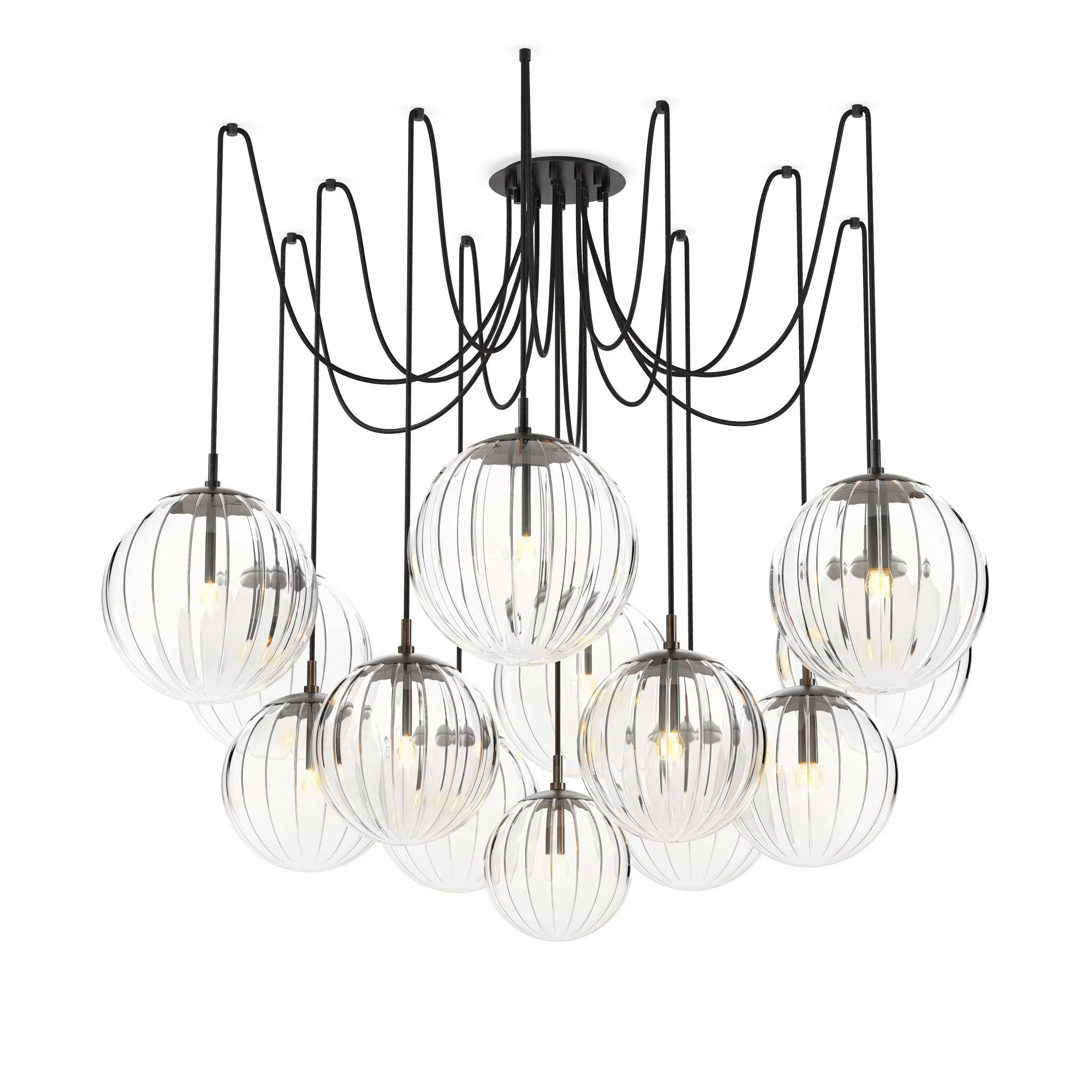 Featuring Spider Black Gunmetal Clear Ribbon Glass Cord Chandelier by Four Hands at Amethyst Home. Clear glass spheres float at varying lengths for a statement-making piece. Each globe is individually blown, shaped and sculpted by hand through a one-hour process. The finish on the brass frame is achieved through a specialized process that turns the brass into a. Amethyst Home provides interior design, new home construction design consulting, vintage area rugs, and lighting in the Omaha metro area.