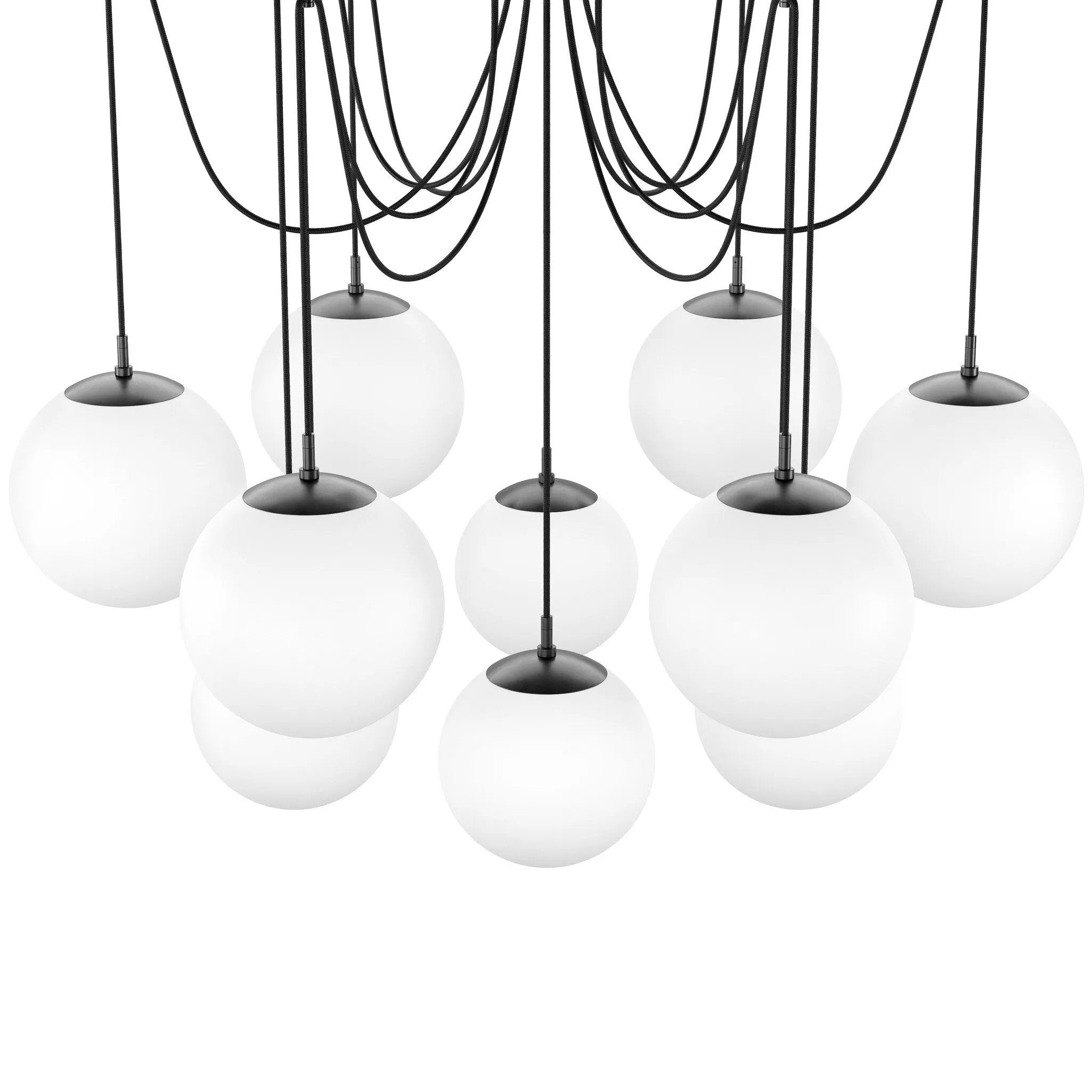 Featuring Spider Black Gunmetal Opal Matte Glass Cord Chandelier by Four Hands at Amethyst Home. Matte glass spheres float at varying lengths for a statement-making piece. Each globe is individually blown, shaped and sculpted by hand through a one-hour process. Matte glass is specially manufactured to evenly diffuse light. The finish on the brass frame is ac. Amethyst Home provides interior design, new home construction design consulting, vintage area rugs, and lighting in the Portland metro area.