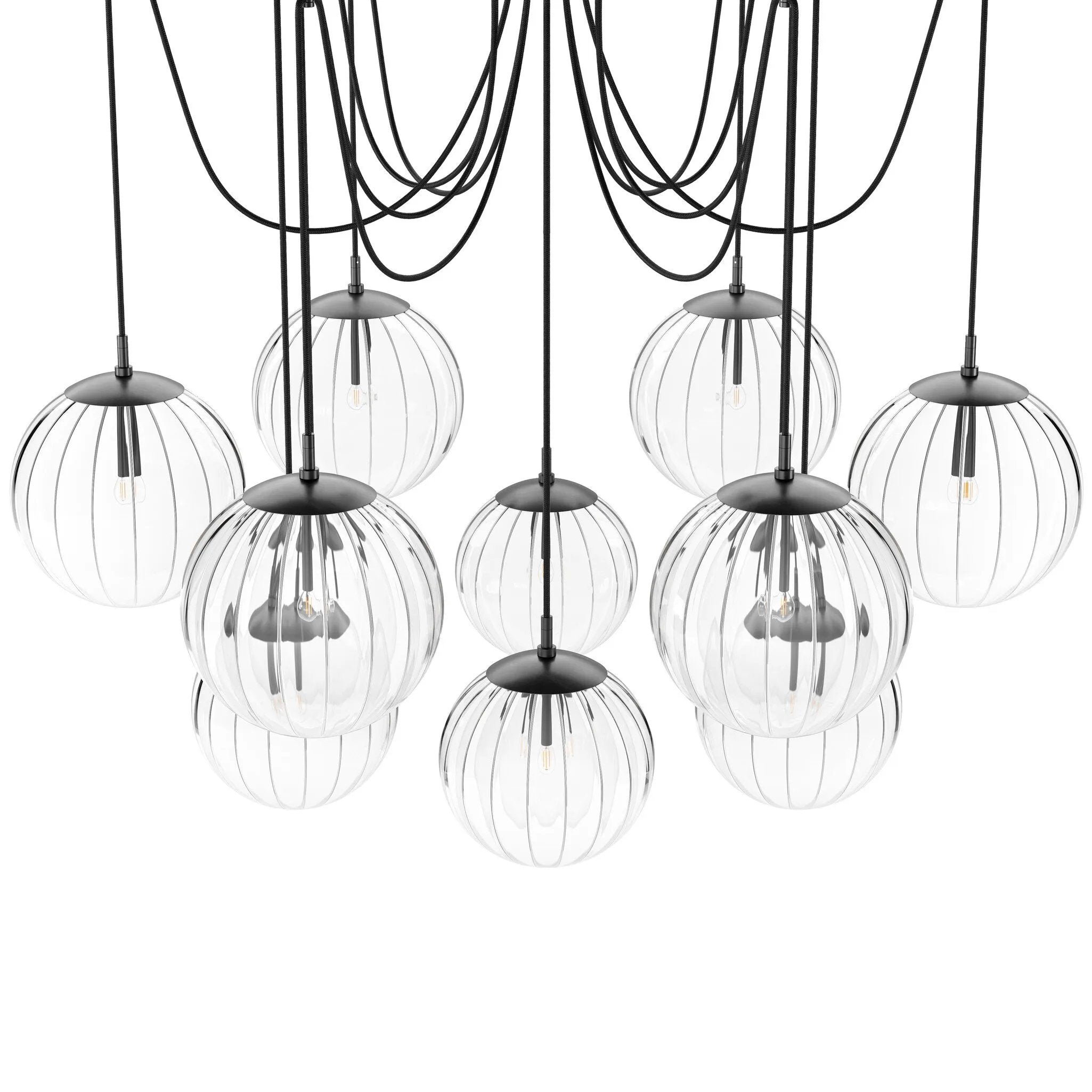 Featuring Spider Black Gunmetal Clear Ribbon Glass Cord Chandelier by Four Hands at Amethyst Home. Clear glass spheres float at varying lengths for a statement-making piece. Each globe is individually blown, shaped and sculpted by hand through a one-hour process. The finish on the brass frame is achieved through a specialized process that turns the brass i. Amethyst Home provides interior design, new home construction design consulting, vintage area rugs, and lighting in the Scottsdale metro area.