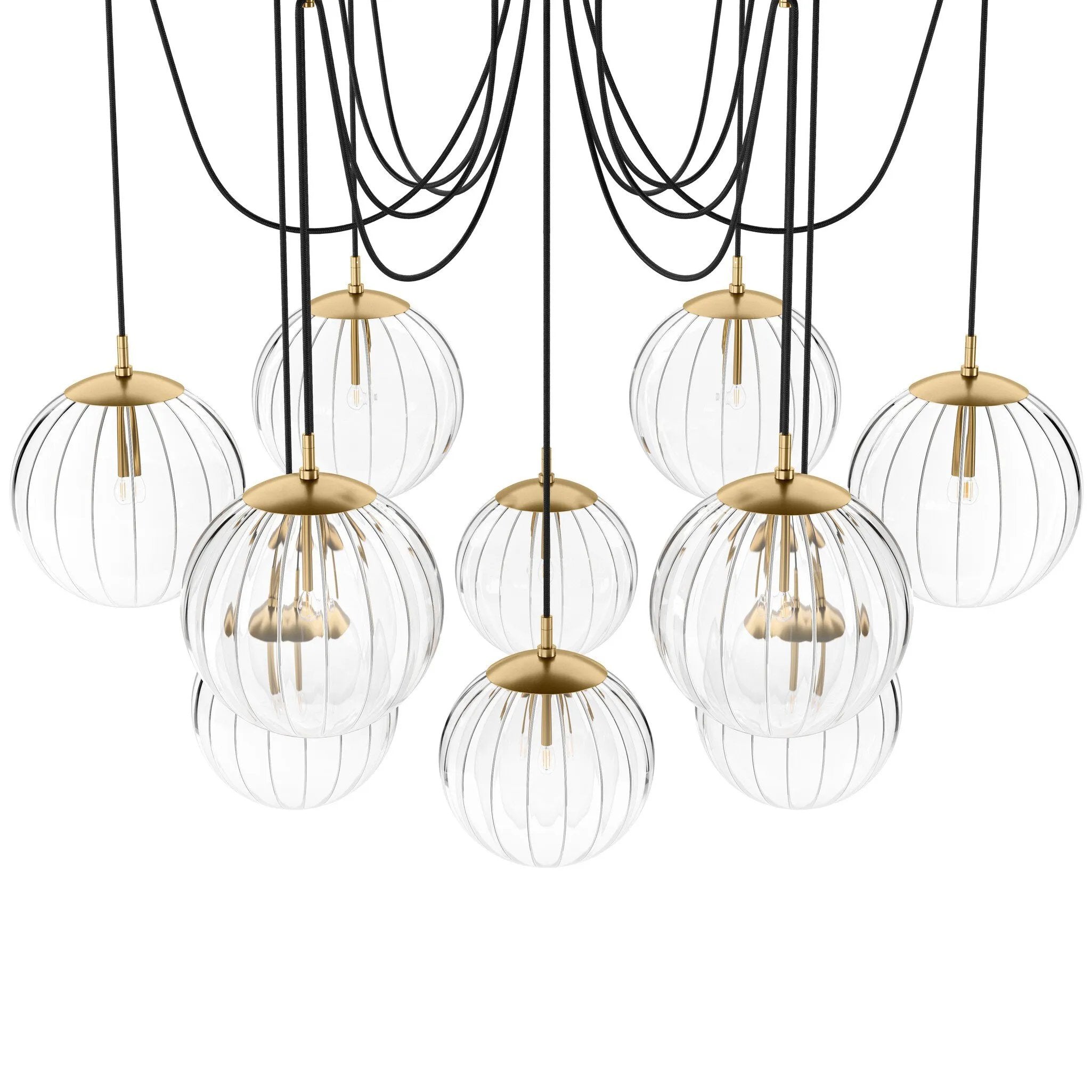 Featuring Spider Burnished Brass Clear Ribbon Glass Cord Chandelier by Four Hands at Amethyst Home. Clear glass spheres float at varying lengths for a statement-making piece. Each globe is individually blown, shaped and sculpted by hand through a one-hour process. Brass and glass are 98% recyclable. Designed and sustainably crafted in Poland by Schwung.. Amethyst Home provides interior design, new home construction design consulting, vintage area rugs, and lighting in the Winter Garden metro area.