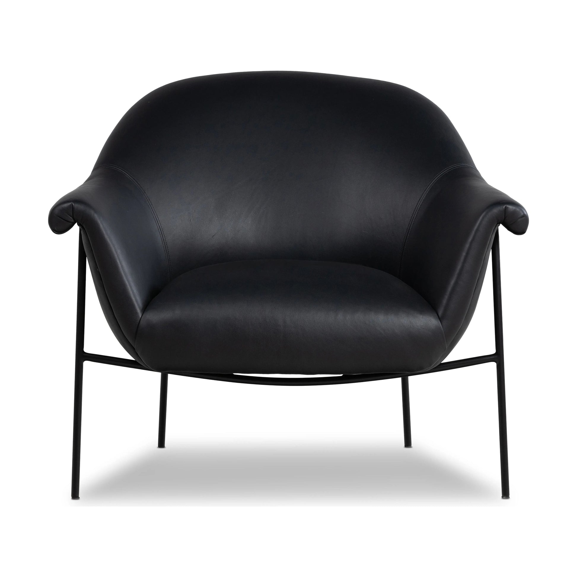 With a curvy silhouette and classic rolled arms, thick-cut top-grain leather brings a fresh feel to vintage-inspired accent seating, with an airy iron cradle base for a beautiful balance of scale Amethyst Home provides interior design, new home construction design consulting, vintage area rugs, and lighting in the Dallas metro area.