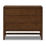 A simple, heavy wood Parsons-style nightstand with three drawers for ample storage. Finished in solid ash with brass hardware Amethyst Home provides interior design, new home construction design consulting, vintage area rugs, and lighting in the Omaha metro area.