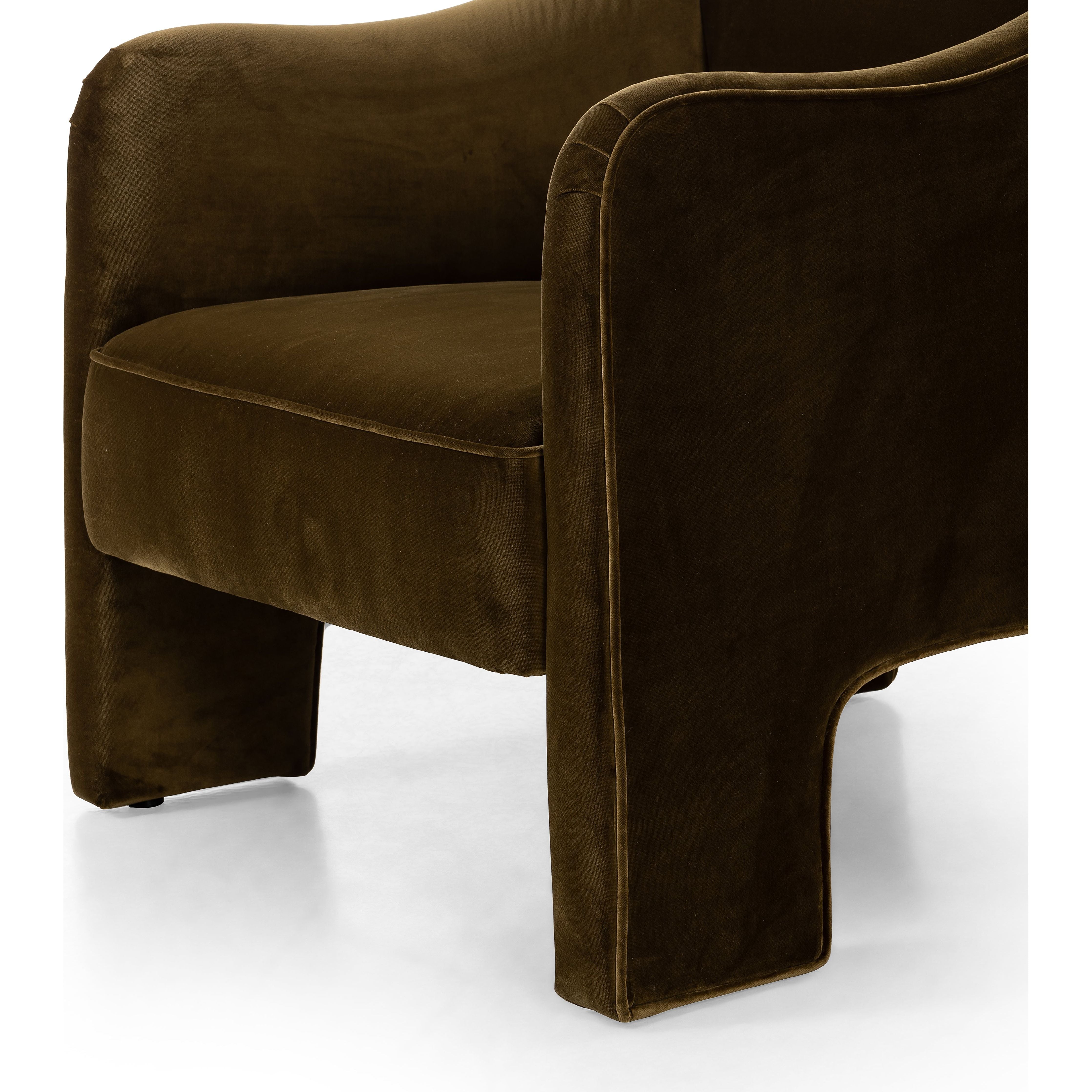 Featuring Sully Surrey Moss Chair by Four Hands at Amethyst Home. Shape-driven from top to bottom, this modern accent chair is tightly upholstered in a smooth cotton velvet fabric. Subtle highs and lows throughout the fabric change in appearance depending on the direction of the fabric's nap and the lighting in the room, bringing movement to the entire piece. S-spring construction e. Amethyst Home provides interior design, new construction, custom furniture, and area rugs in the Dallas metro area.