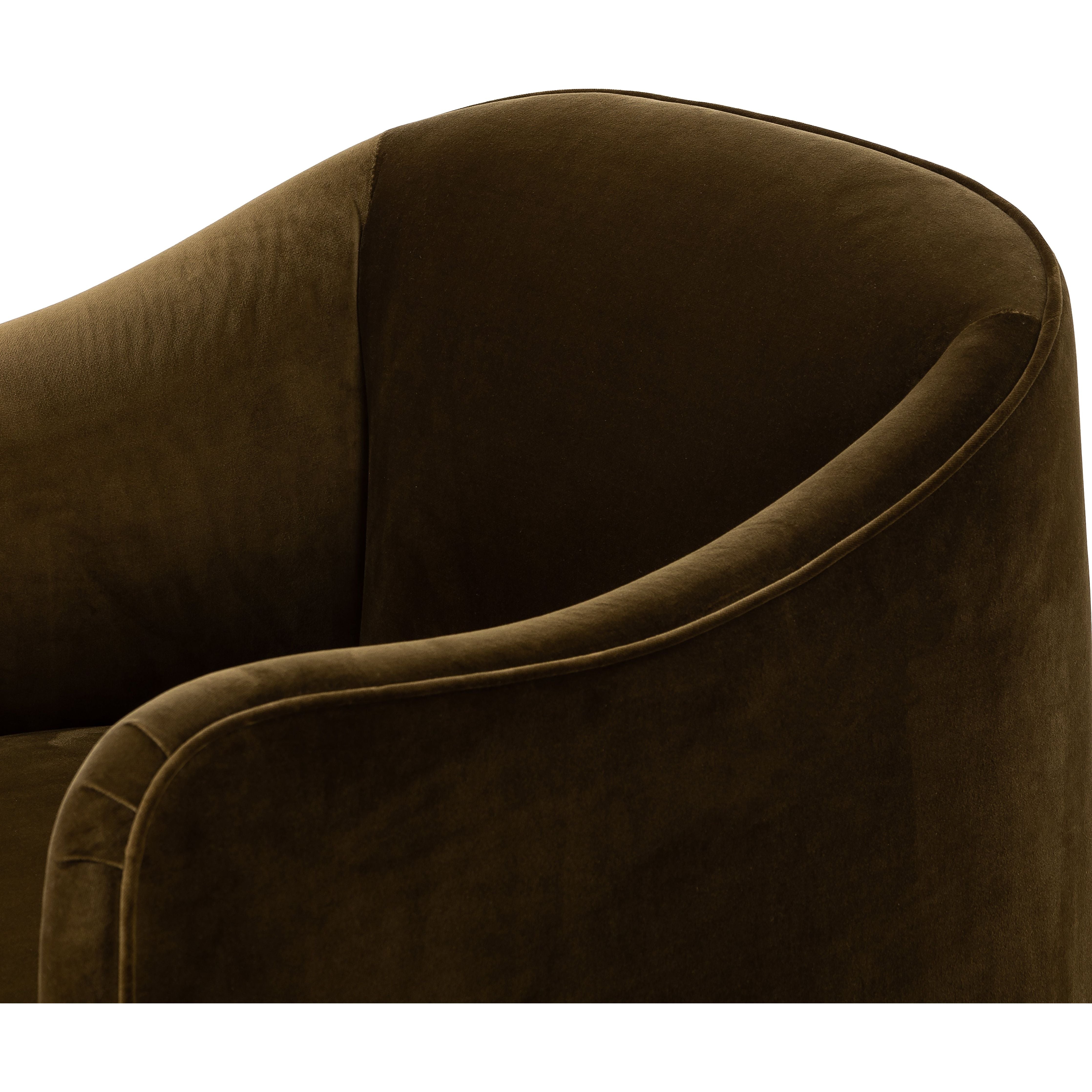 Featuring Sully Surrey Moss Chair by Four Hands at Amethyst Home. Shape-driven from top to bottom, this modern accent chair is tightly upholstered in a smooth cotton velvet fabric. Subtle highs and lows throughout the fabric change in appearance depending on the direction of the fabric's nap and the lighting in the room, bringing movement to the entire piece. S-spring construction . Amethyst Home provides interior design, new construction, custom furniture, and area rugs in the Houston metro area.