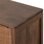 Brown-washed mango encases inset woven cane, for a light, textural look with monochromatic vibes. Removable interior shelf offers clever convenience. Option to pair with matching left nightstand. Amethyst Home provides interior design, new construction, custom furniture, and area rugs in the Boston metro area.