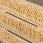 Natural mango frames inset woven cane, for a light, textural look with organic allure. Three spacious drawers provide plenty of closed storage. Amethyst Home provides interior design, new home construction design consulting, vintage area rugs, and lighting in the Kansas City metro area.