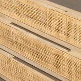 Natural mango frames inset woven cane, for a light, textural look with organic allure. Three spacious drawers provide plenty of closed storage. Amethyst Home provides interior design, new home construction design consulting, vintage area rugs, and lighting in the Kansas City metro area.