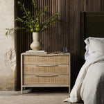 Natural mango frames inset woven cane, for a light, textural look with organic allure. Three spacious drawers provide plenty of closed storage. Amethyst Home provides interior design, new home construction design consulting, vintage area rugs, and lighting in the Scottsdale metro area.