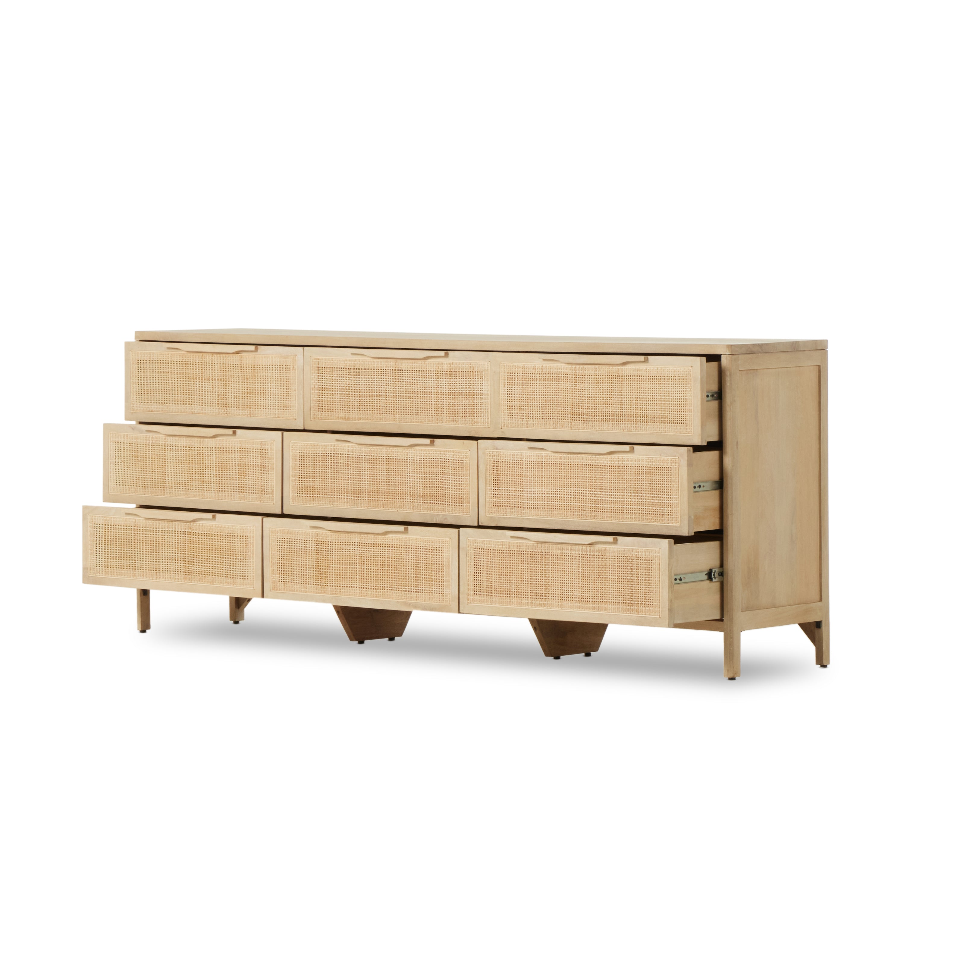 Natural mango encases nine spacious drawers of woven cane, for a textural look with eye-catching contrast. Amethyst Home provides interior design, new construction, custom furniture, and area rugs in the Seattle metro area.